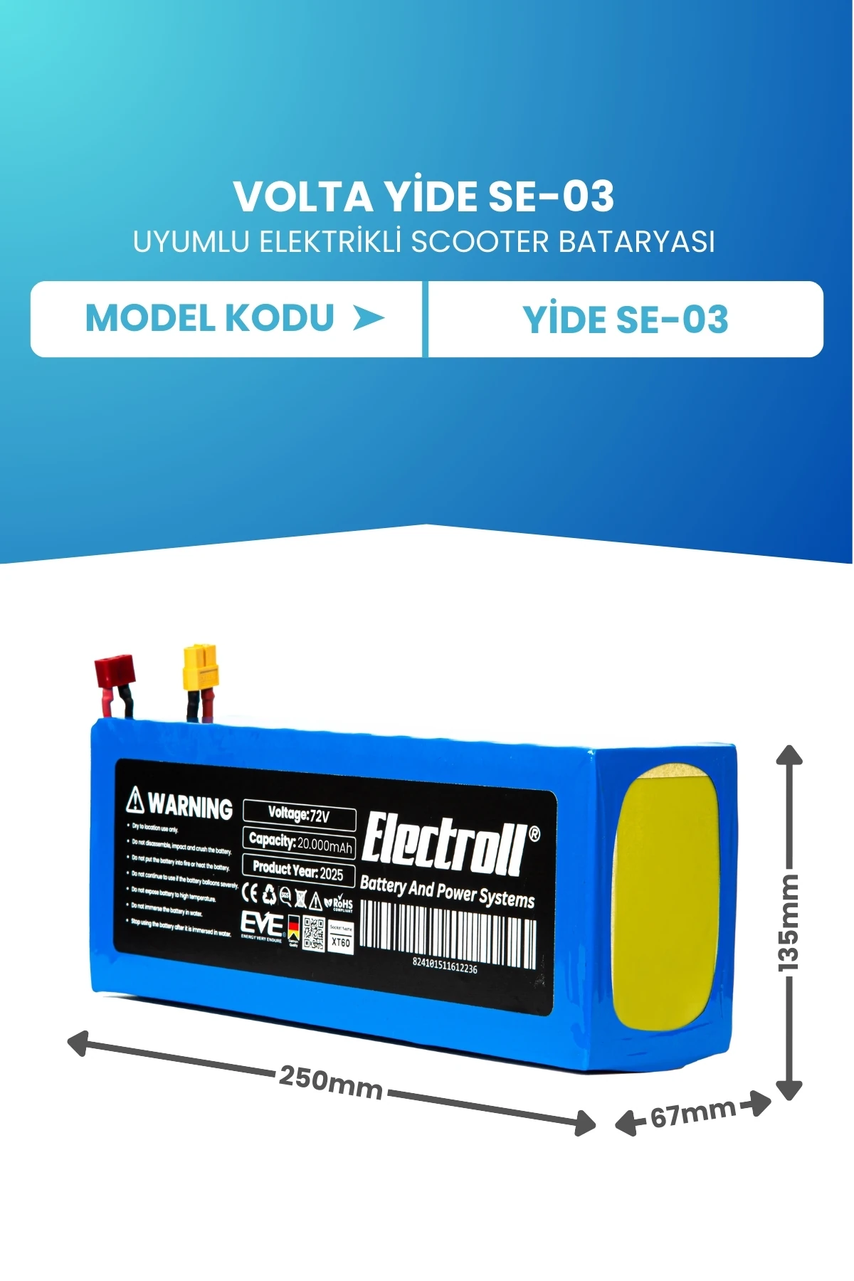 Volta Yide Se-03 Uyumlu Batarya Lityum 72V 20AH Elektrikli Scooter Bataryası