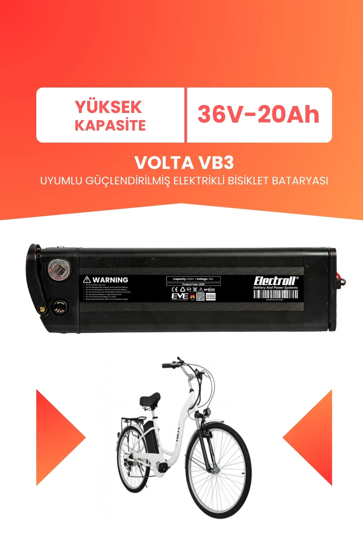 Volta Vb3 Uyumlu 36V 20Ah (Yüksek Kapasite) Güçlendirilmiş Elektrikli Bisiklet Batarya Tamir, Revizyon ve Pil Yenileme