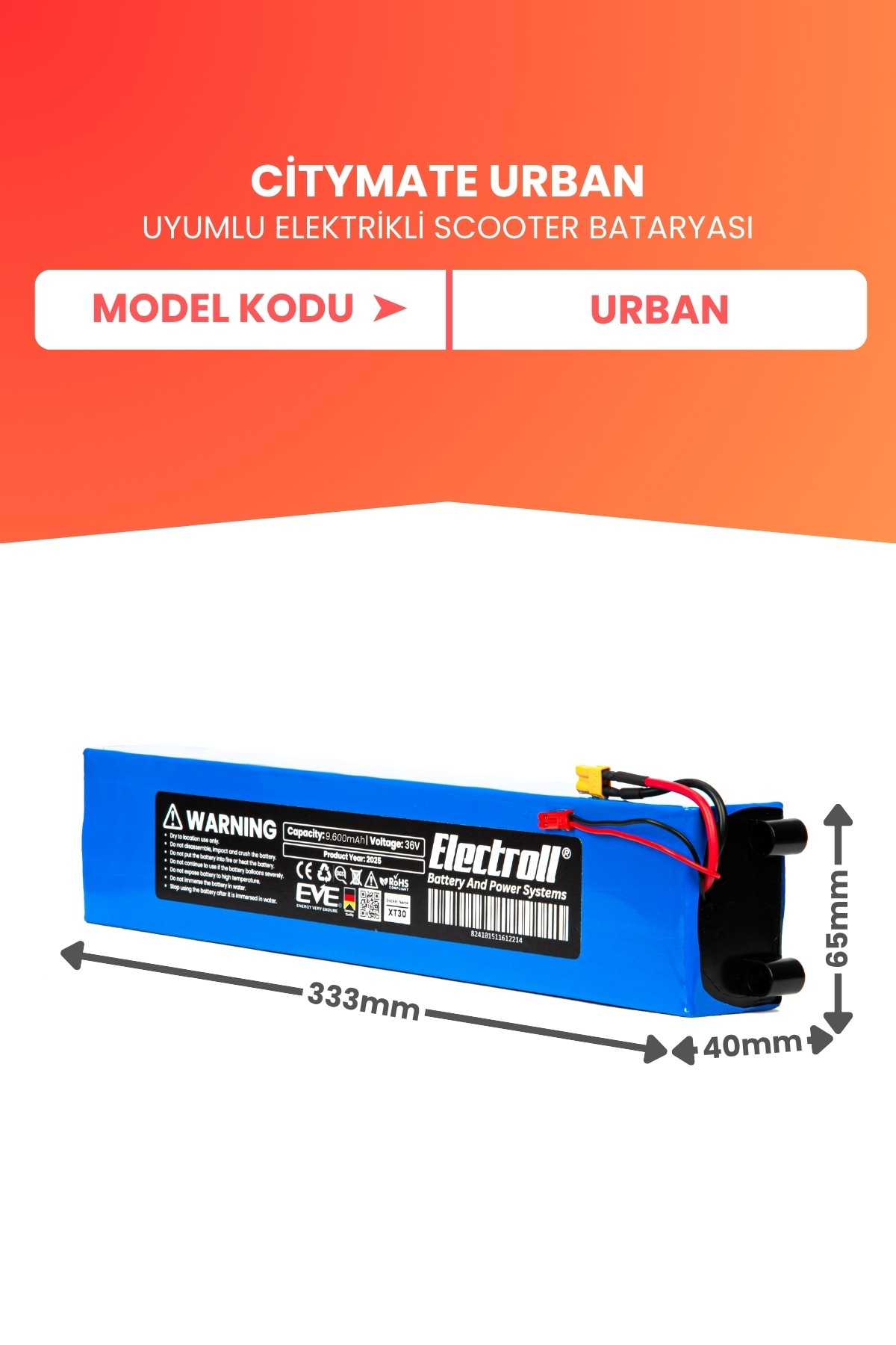 Citymate Urban Uyumlu Batarya (Yüksek Kapasite) 36v 9.600Mah Elektrikli Scooter Bataryası