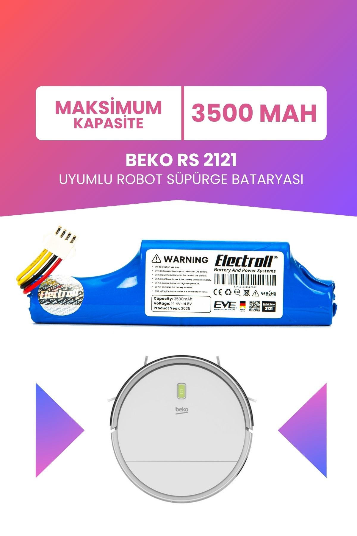 BEKO RS 2121 Uyumlu Batarya (MAKSİMUM KAPASİTE) 3500mah Pil Robot Süpürge Bataryası Değişimi