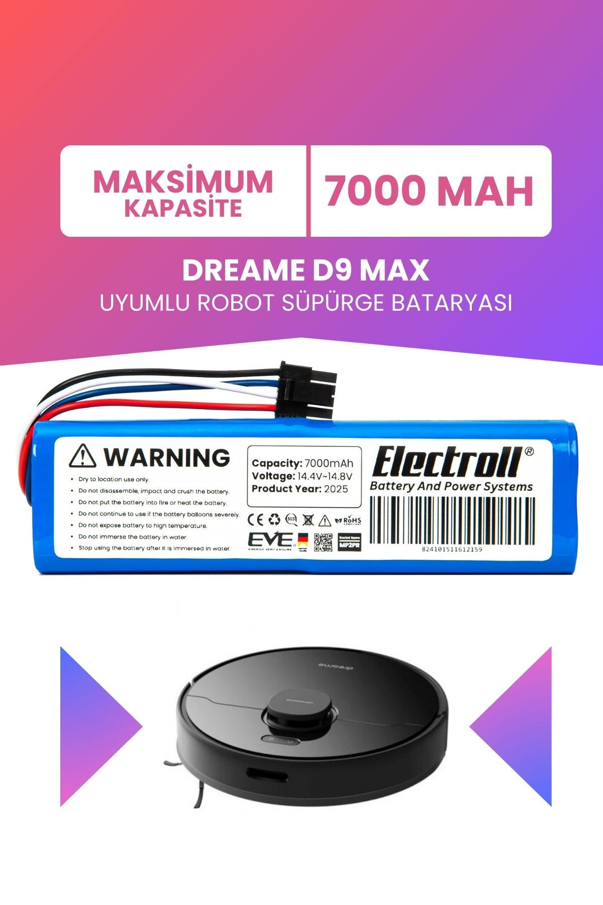 Dreame D9 Max Uyumlu Batarya (Maksimum Kapasite) 7000MAH Pil Robot Süpürge Bataryası Değişimi
