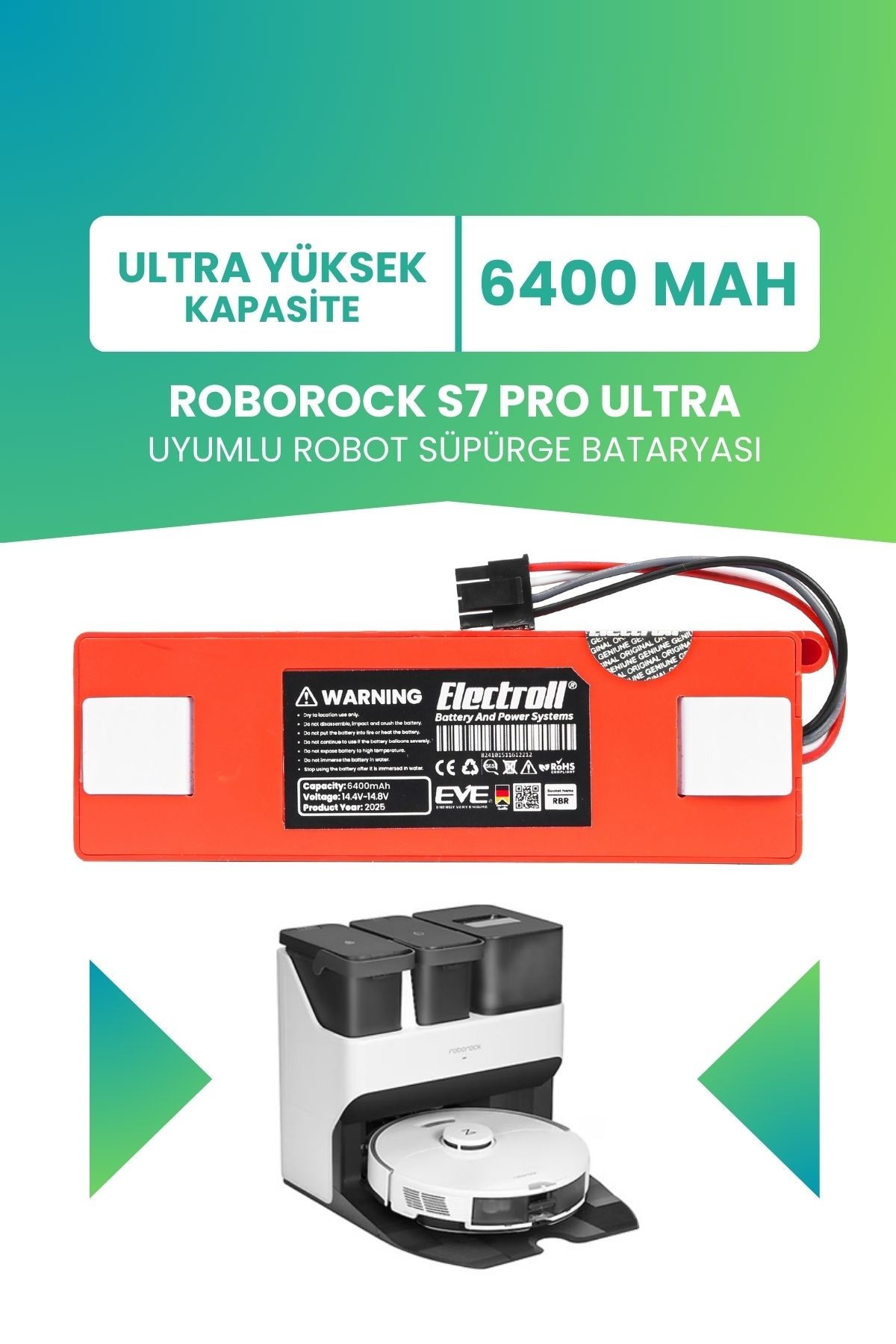 Roborock S7 Pro Ultra Uyumlu Batarya (ULTRA YÜKSEK KAPASİTE) 6400mah Robot Süpürge Pil Değişimi