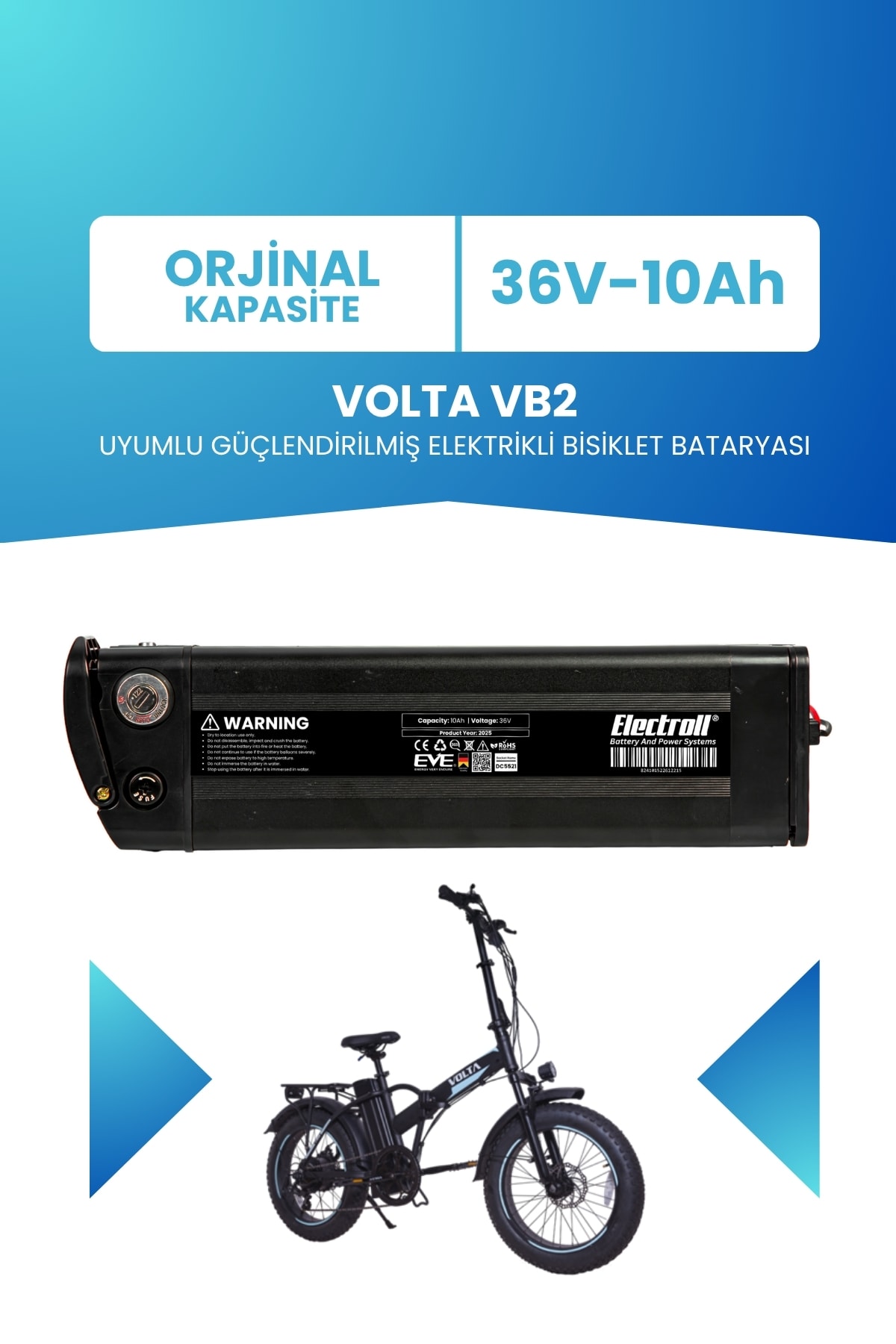 Volta Vb2 Uyumlu Güçlendirilmiş Elektrikli Bisiklet Bataryası