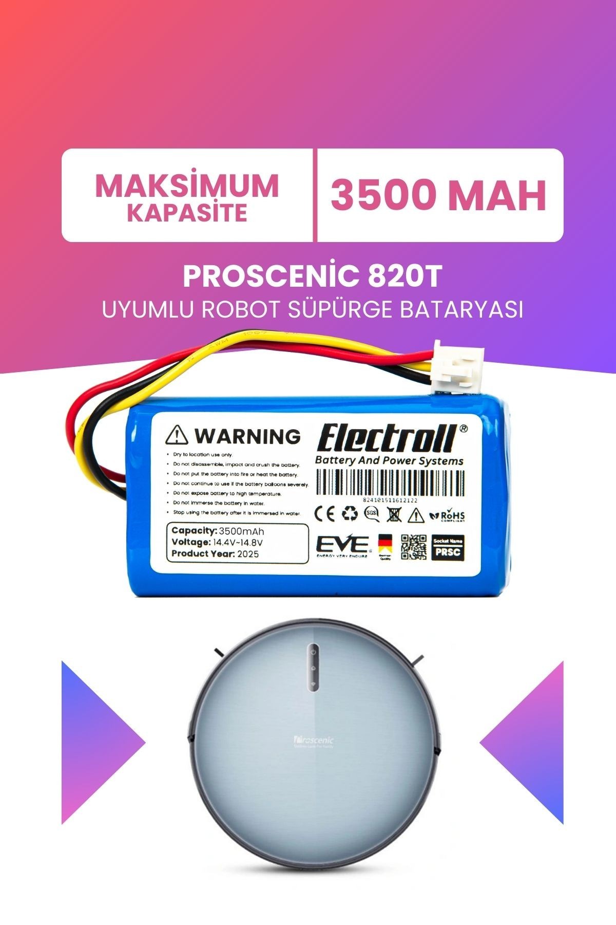 Proscenic 820t Uyumlu Batarya (MAKSİMUM KAPASİTE) 3500mah Pil Robot Süpürge Bataryası Değişimi