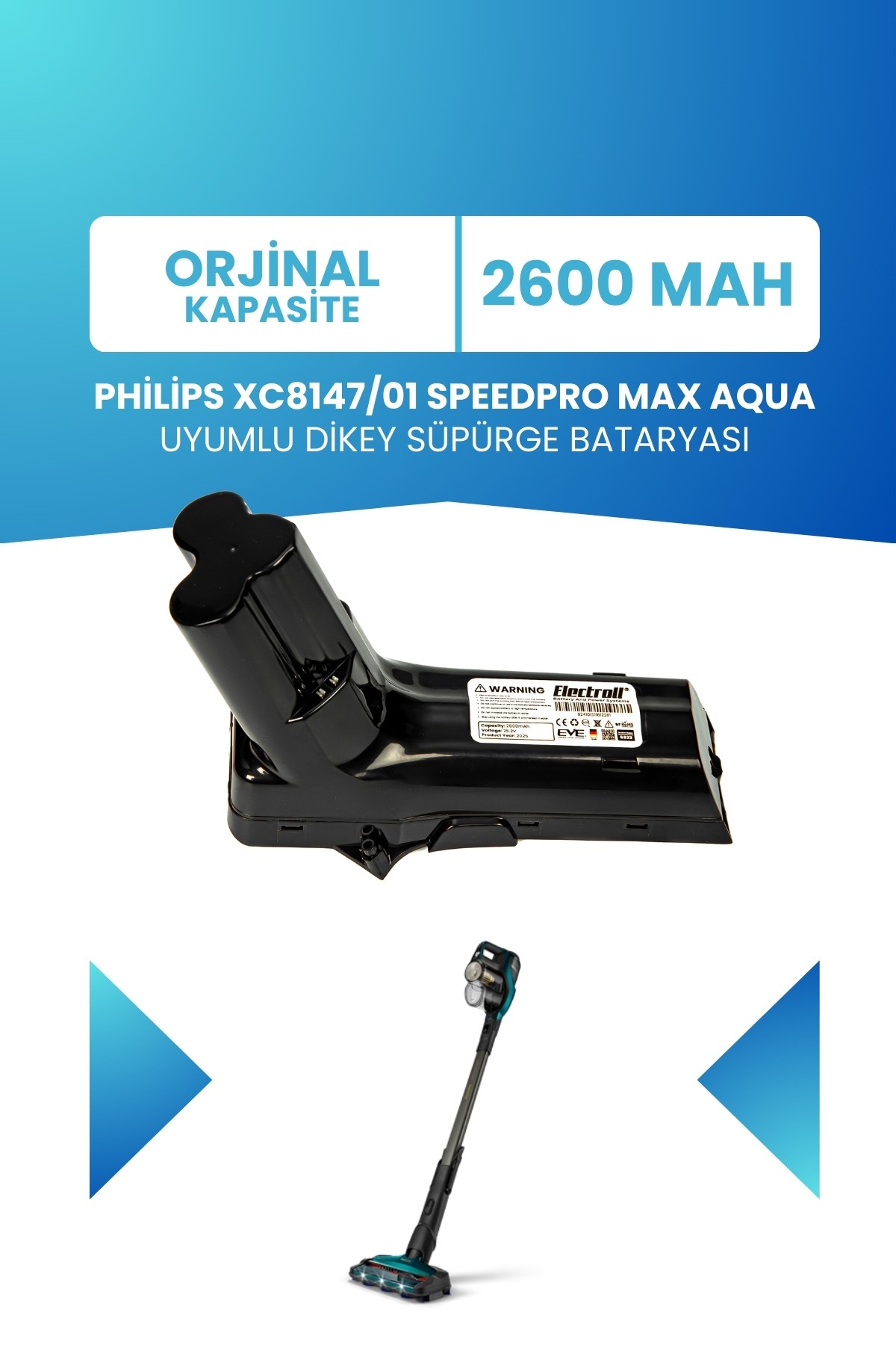 Philips 8000 Serisi XC8147/01 Speedpro Max Aqua Uyumlu Batarya 25.2 V 2600mah Dikey Süpürge Bataryası