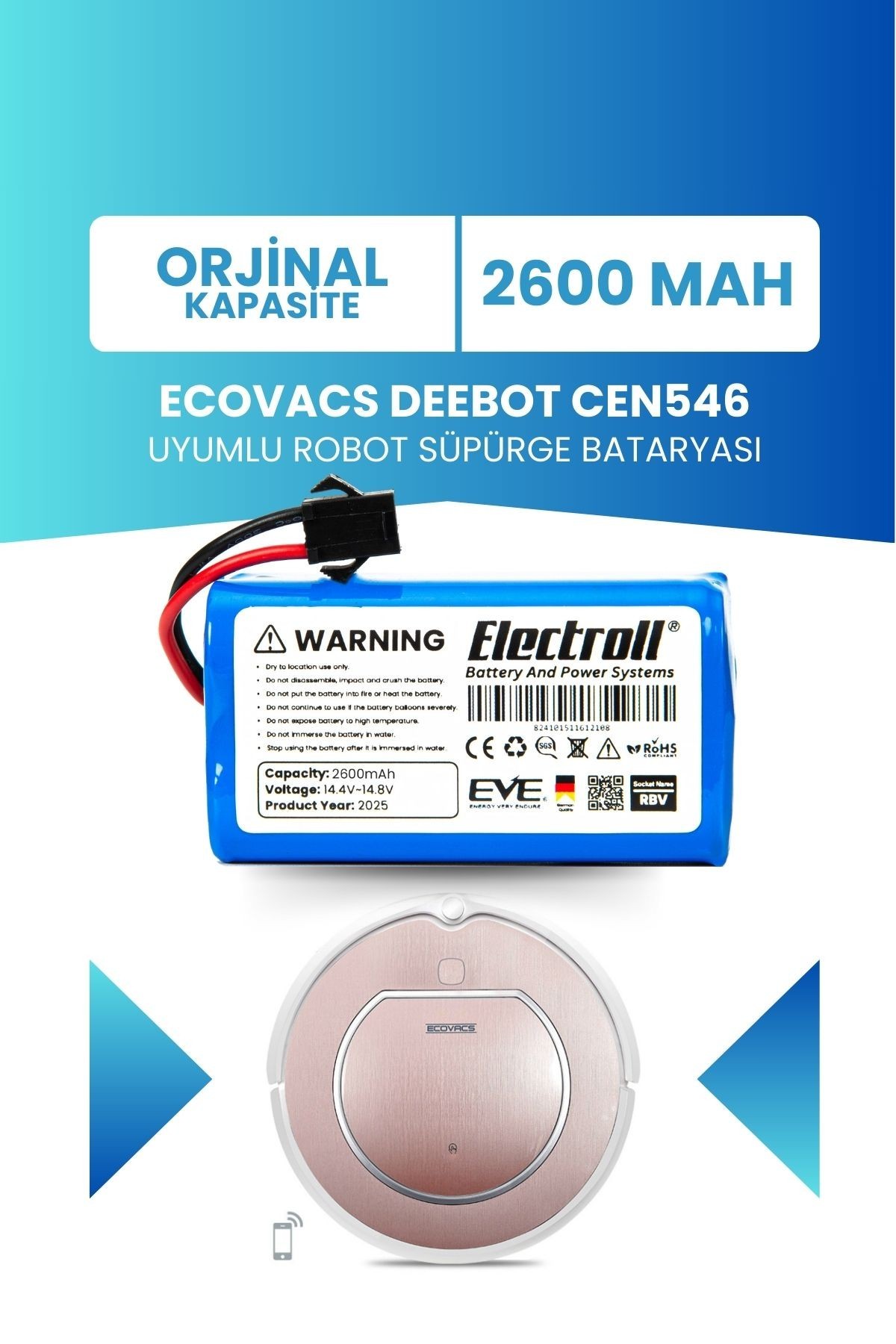Ecovacs Deebot Cen546 Uyumlu Batarya (ORJİNAL KAPASİTE) 2600mah Pil Robot Süpürge Bataryası