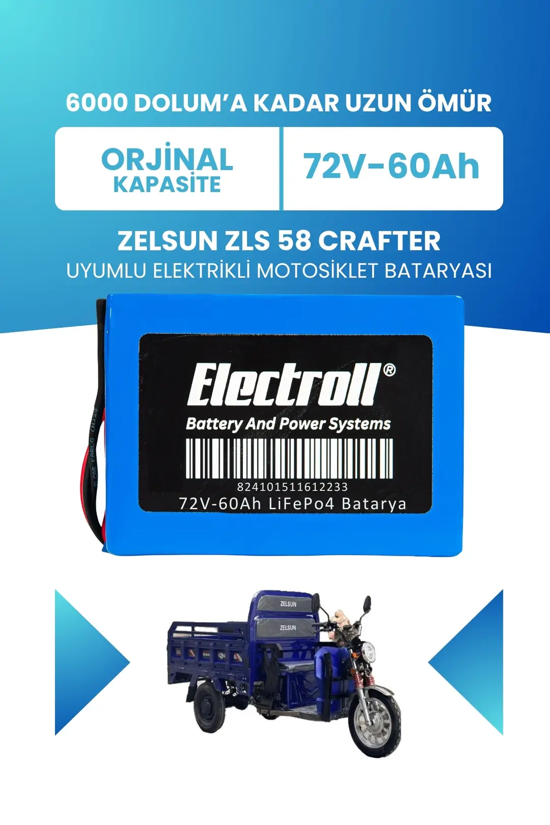 Zelsun ZLS 58 Crafter LiFePO4 Batarya 72V 60Ah Uzun Ömürlü | Electroll