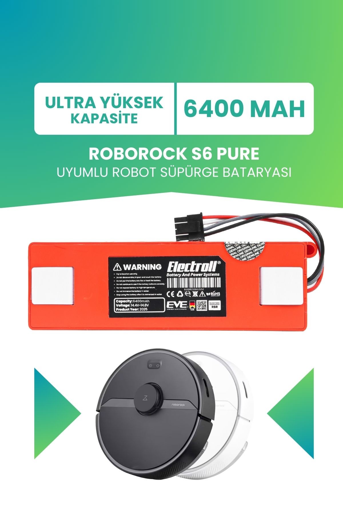 Roborock S6 Pure Uyumlu Batarya (ULTRA YÜKSEK KAPASİTE) 6400mah Kutulu Robot Süpürge Pil Değişimi