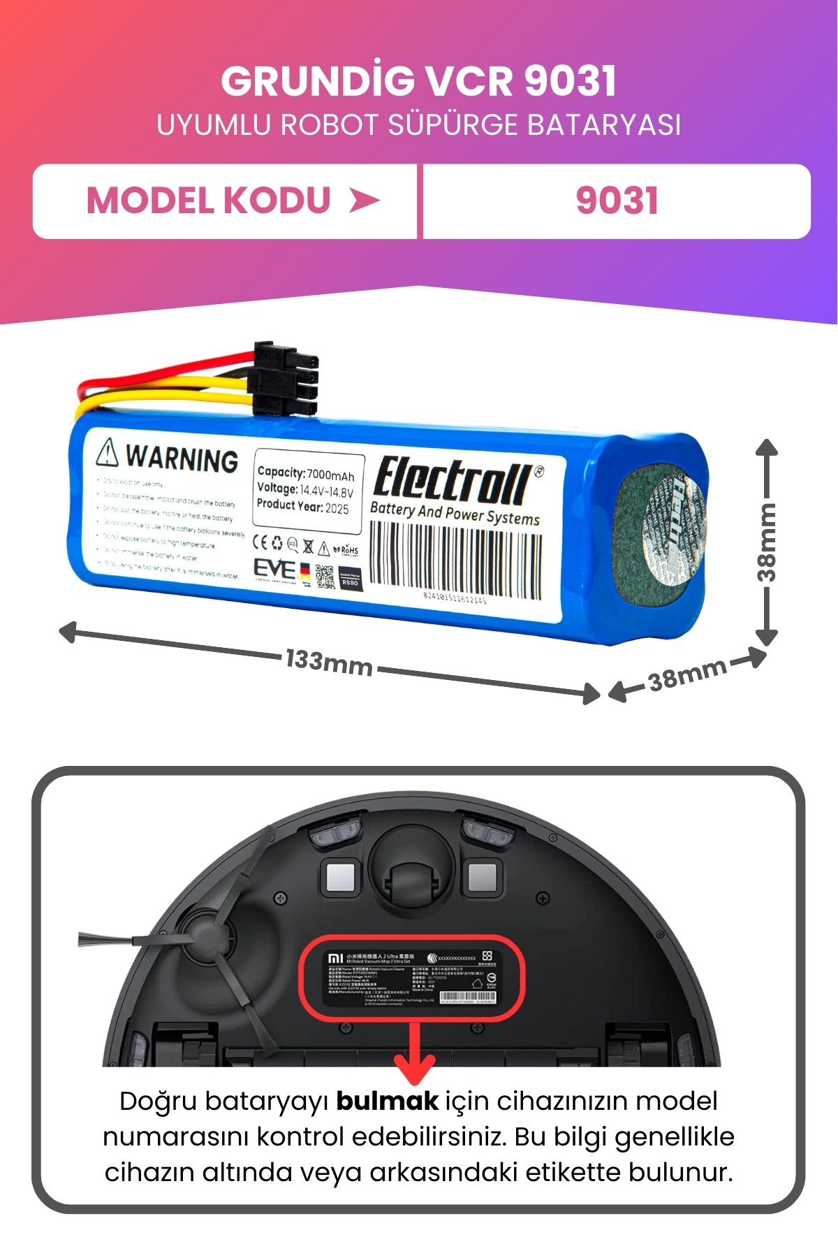 Grundig Vcr 9031 Uyumlu Batarya (MAKSİMUM KAPASİTE) 7000mah Robot Süpürge Bataryası