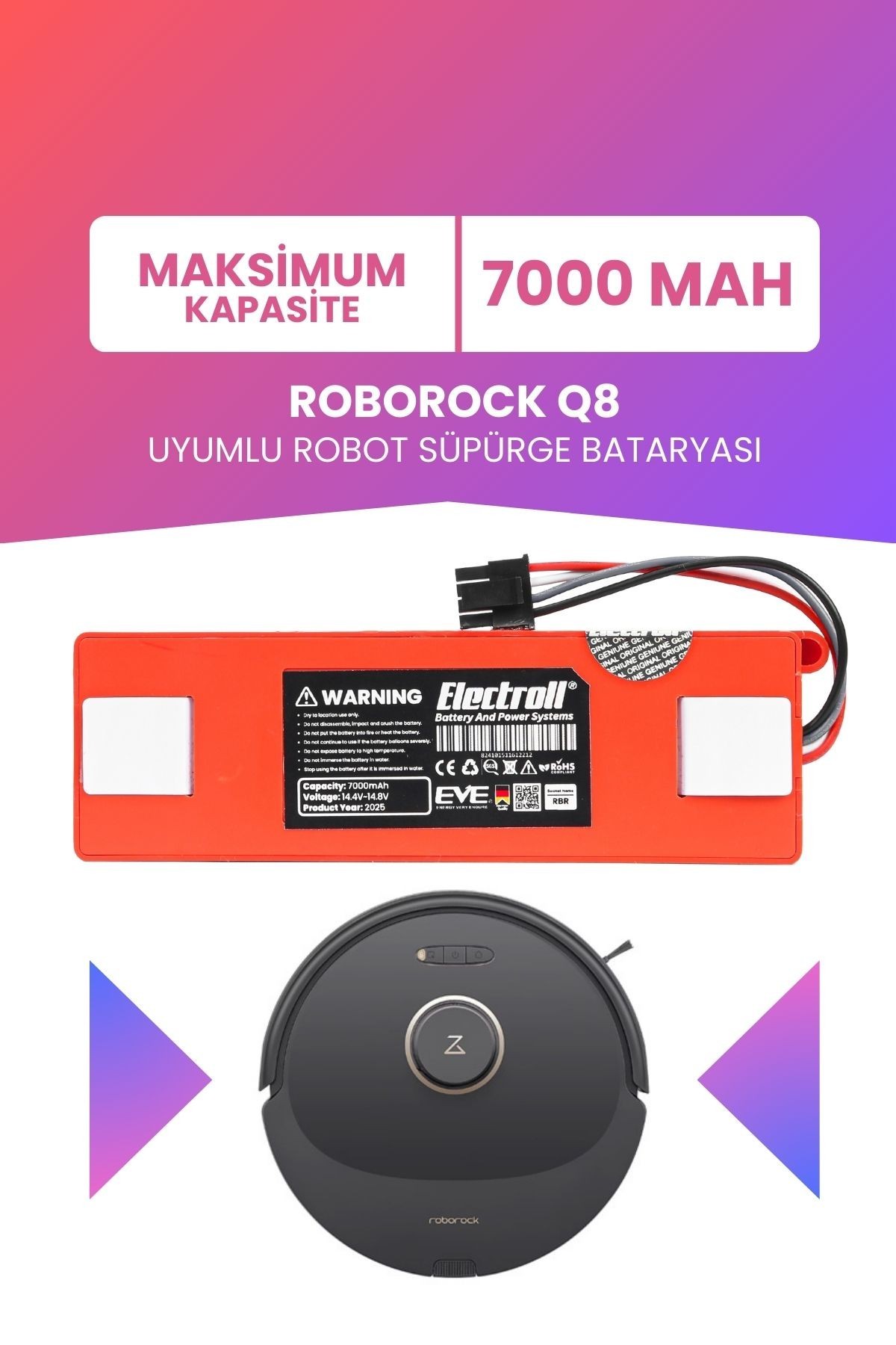 Roborock Q8 Uyumlu Batarya (MAKSİMUM KAPASİTE) 7000mah Pil Kutulu Robot Süpürge Bataryası Değişimi