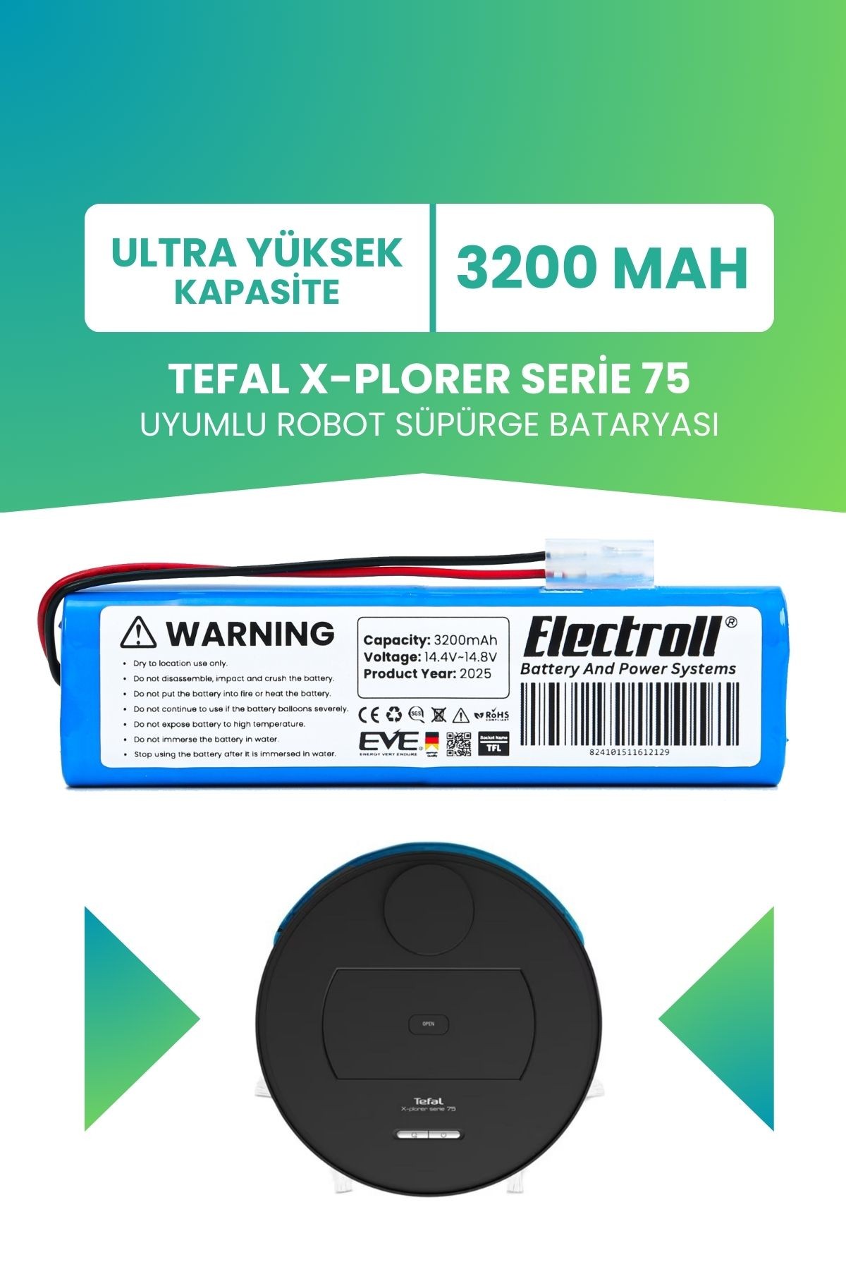 Tefal X-plorer Serie 75 Uyumlu Batarya (ULTRA YÜKSEK KAPASİTE) 3200mahrobot Süpürge Bataryası Rg7675