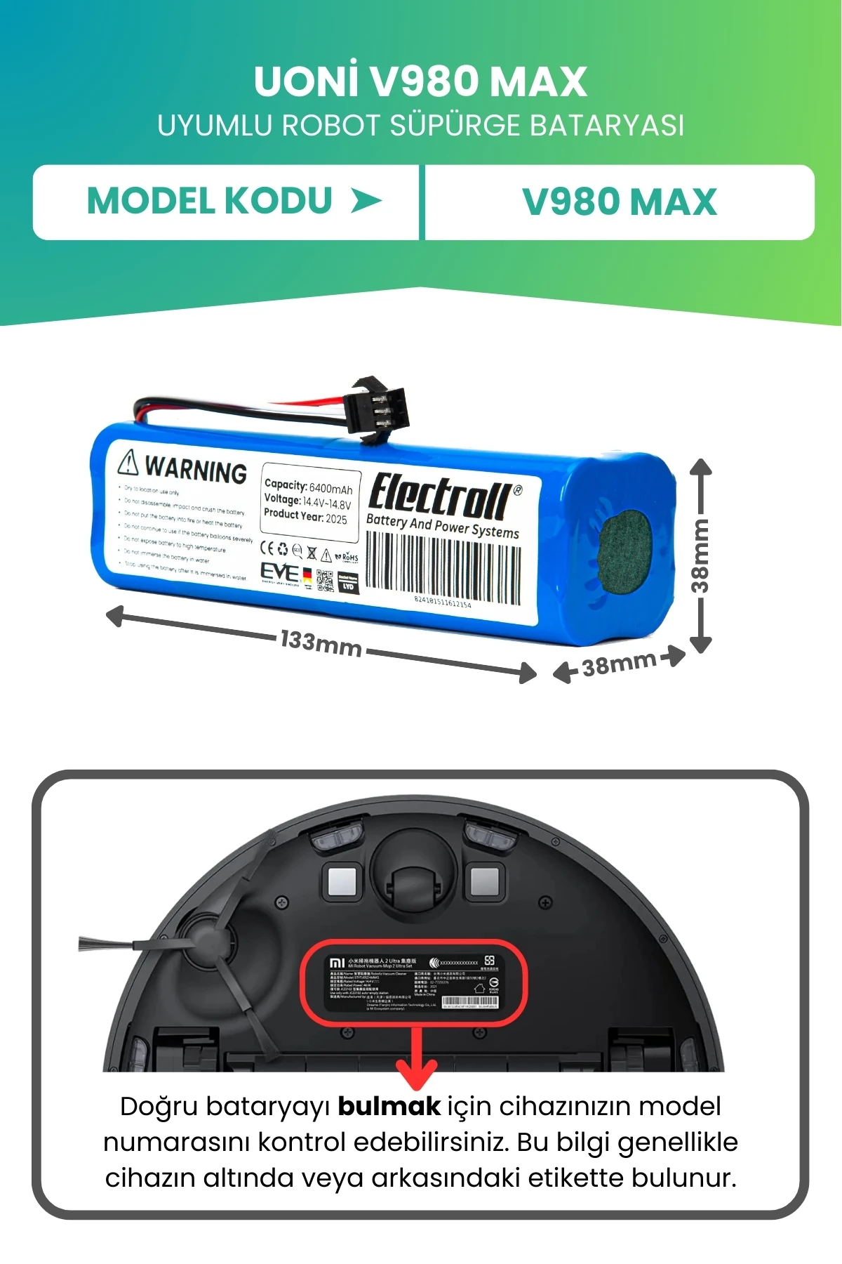 Uoni V980 Max Uyumlu Batarya (ULTRA YÜKSEK KAPASİTE) 6400mah Kutulu Robot Süpürge Pil Değişimi