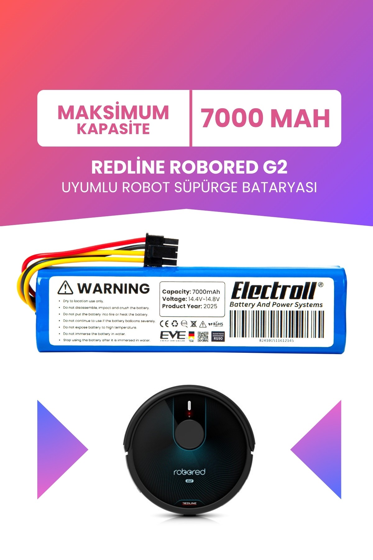 Redline Robored G2 Uyumlu Batarya (MAKSİMUM KAPASİTE) 7000mah Robot Süpürge Bataryası