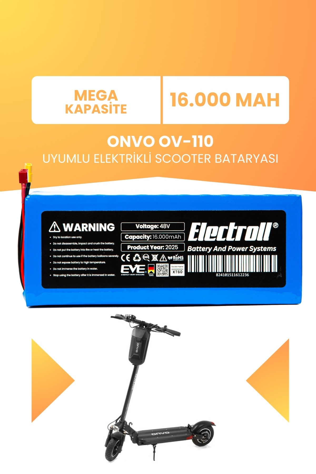 ONVO OV-110 Batarya (Mega Kapasite) Batarya 48v 16ah Pil Elektrikli Scooter Bataryası