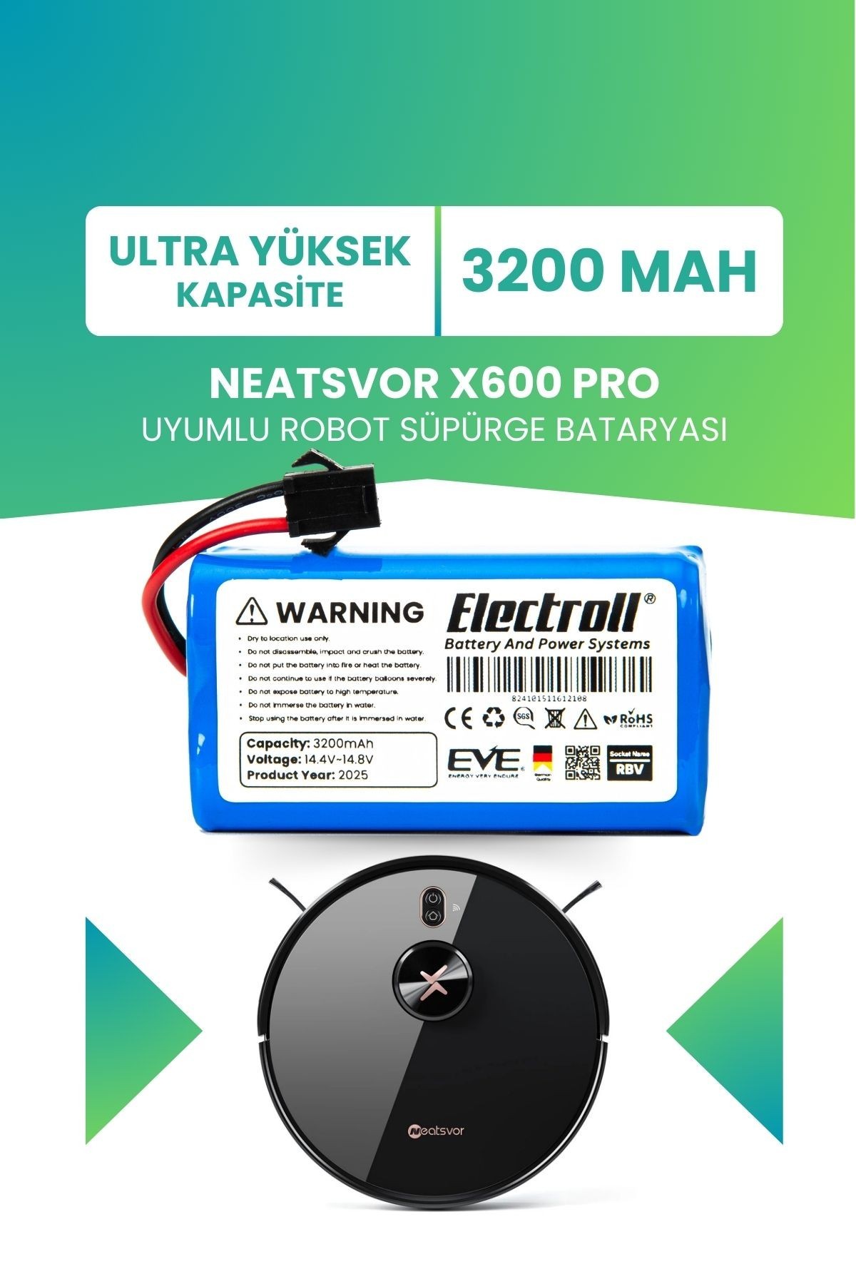 Neatsvor X600 Pro Uyumlu Batarya (ULTRA YÜKSEK KAPASİTE) 3200mah Pil Robot Süpürge Bataryası