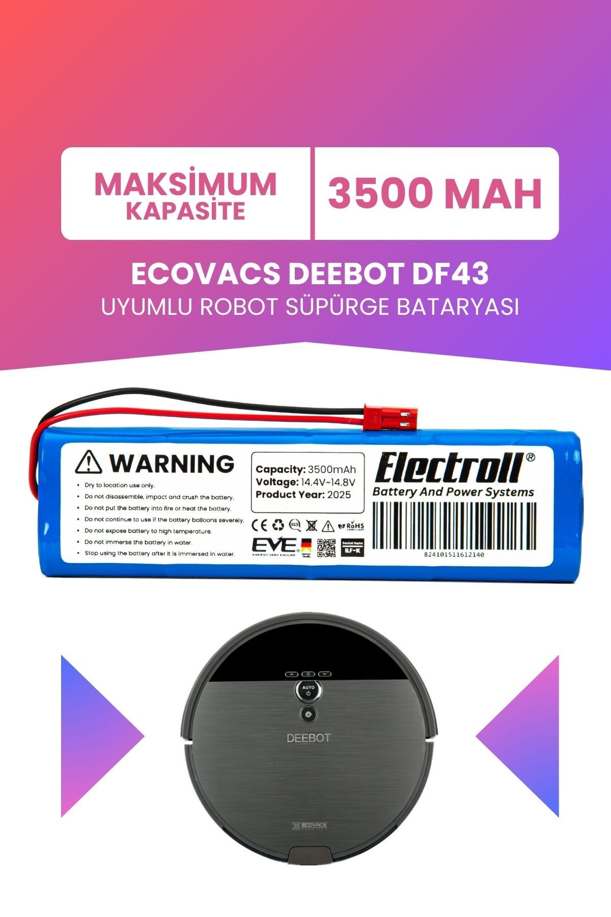 Ecovacs Deebot DF43 Uyumlu Batarya (MAKSİMUM KAPASİTE) 3500mah Pil Robot Süpürge Bataryası Değişimi