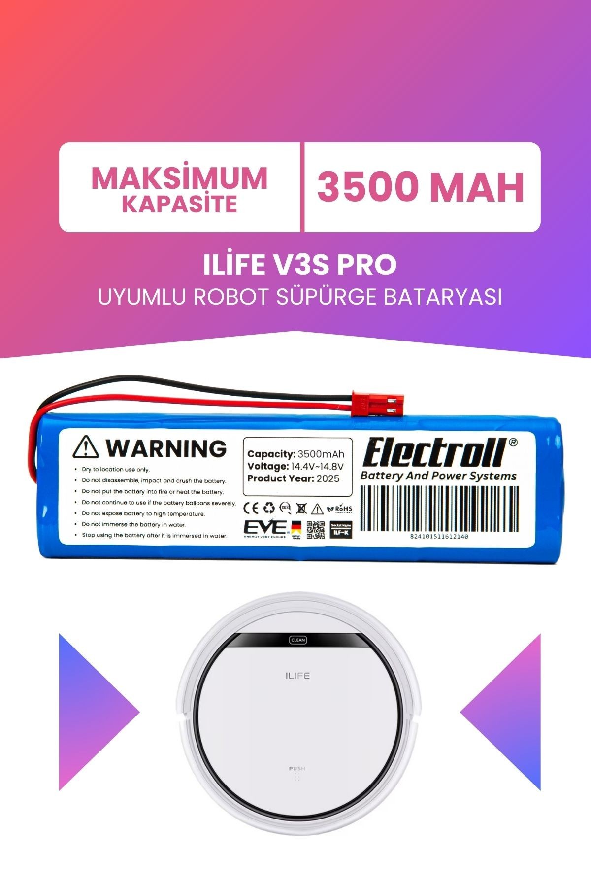 Ilife V3s Pro Uyumlu Batarya (MAKSİMUM KAPASİTE) 3500mah Pil Robot Süpürge Bataryası Değişimi
