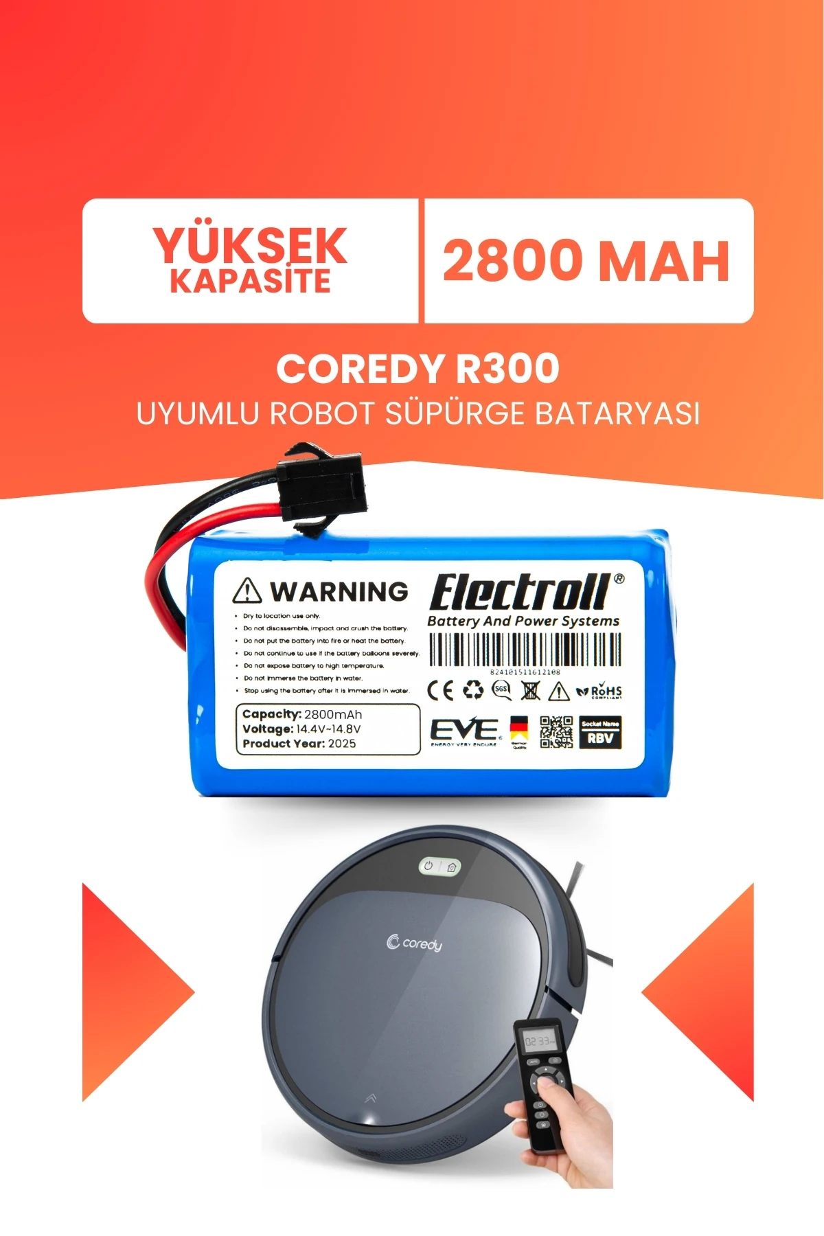 Coredy R300 Uyumlu Batarya (YÜKSEK KAPASİTE) 2800mah Pil Akıllı Robot Süpürge Bataryası