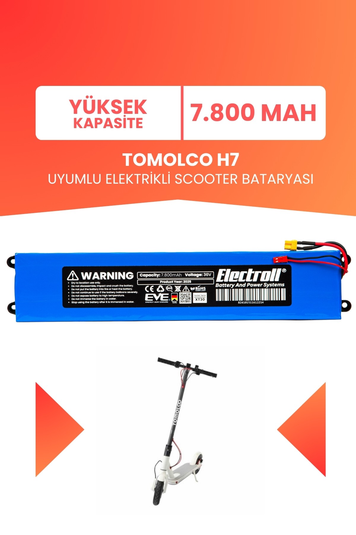 Tomolco H7 Uyumlu Batarya (Yüksek Kapasite) 36V 7.8AH Elektrikli Scooter Bataryası