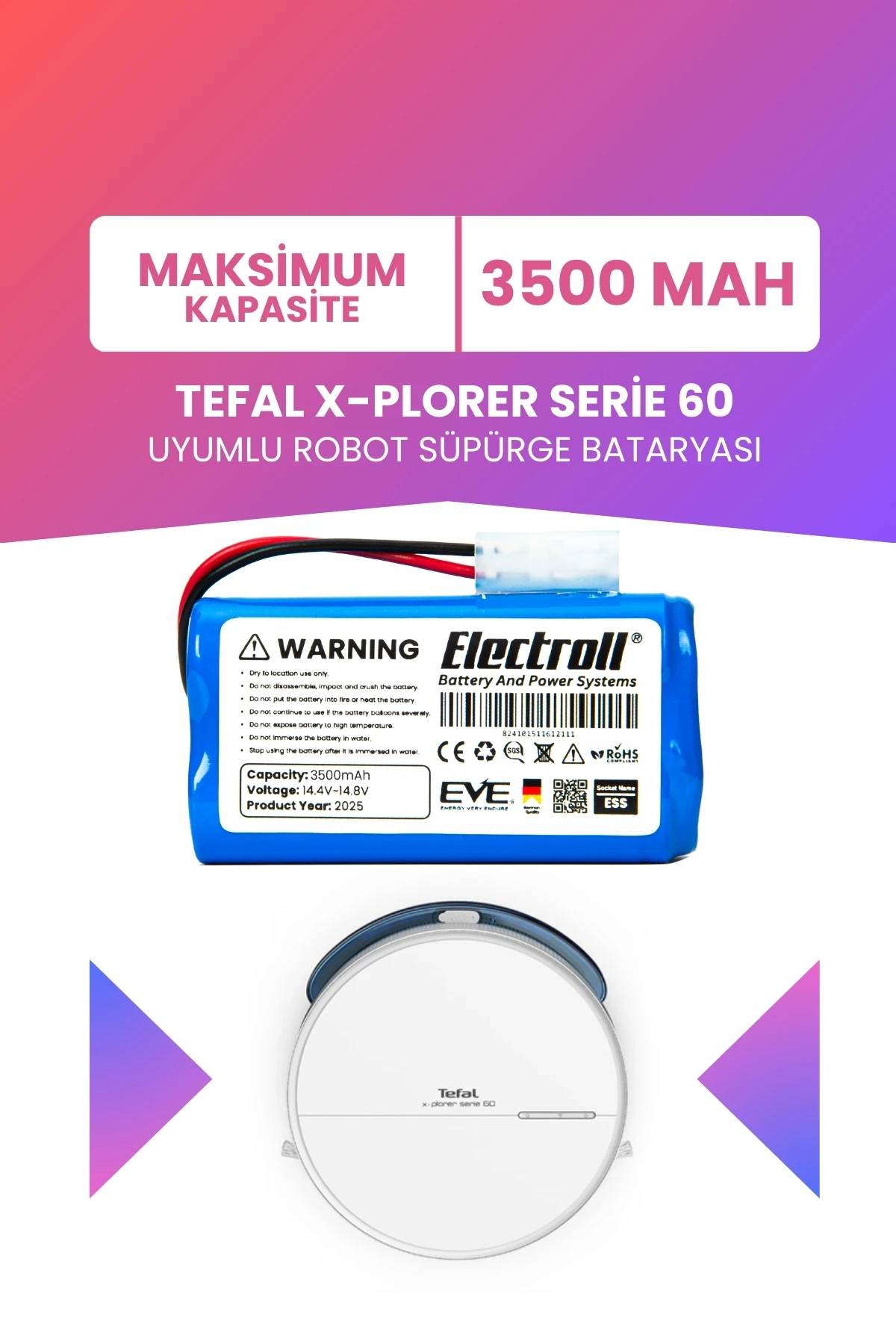 Tefal X-Plorer Serie 60 Uyumlu Batarya (MAKSİMUM KAPASİTE) 3500mah Pil Robot Süpürge Batarya
