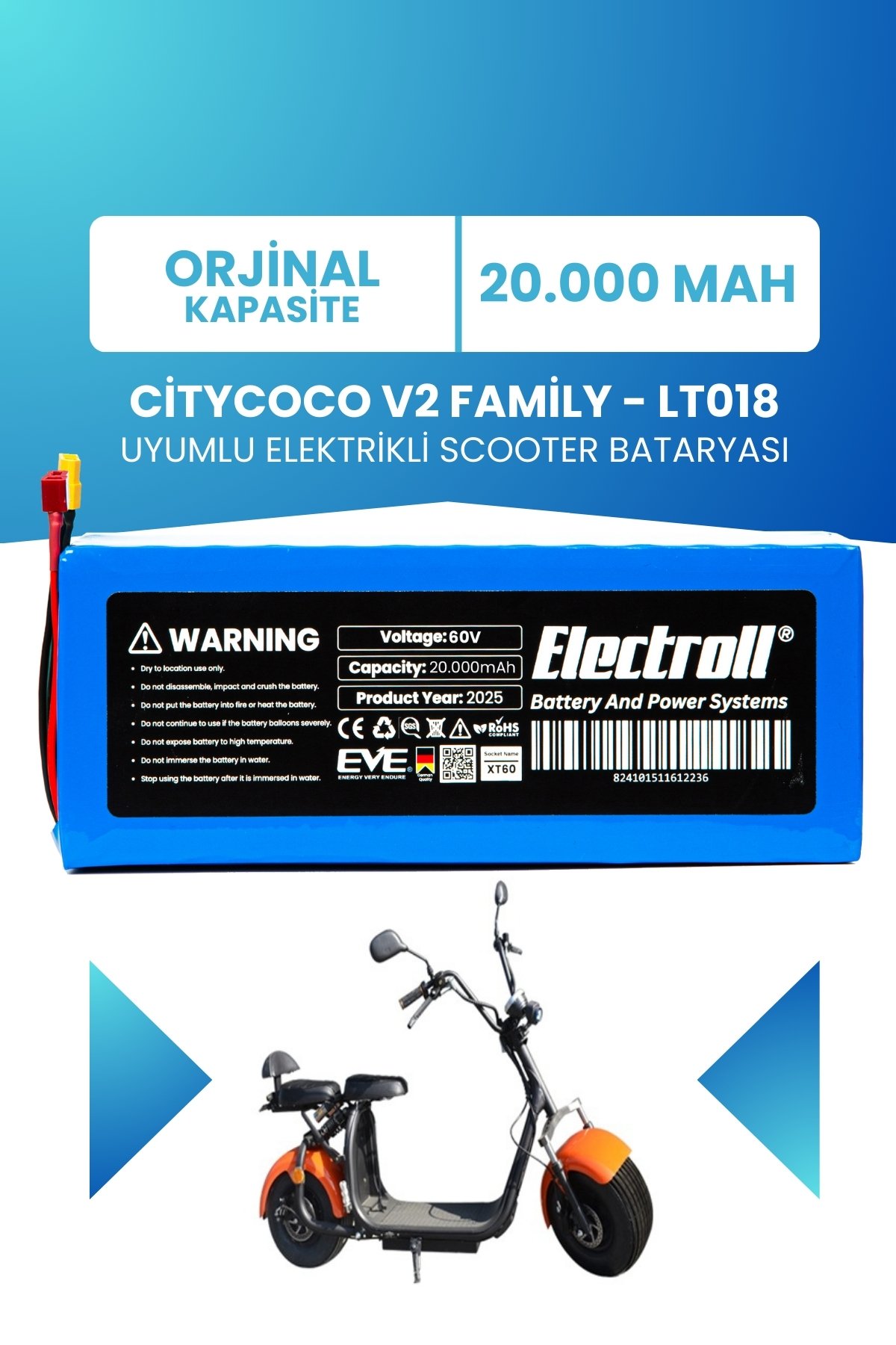 Citycoco V2 Family - LT018 Scooter Batarya (ORJİNAL KAPASİTE) LiFePO4 60V 20AH Elektrikli Scooter Bataryası