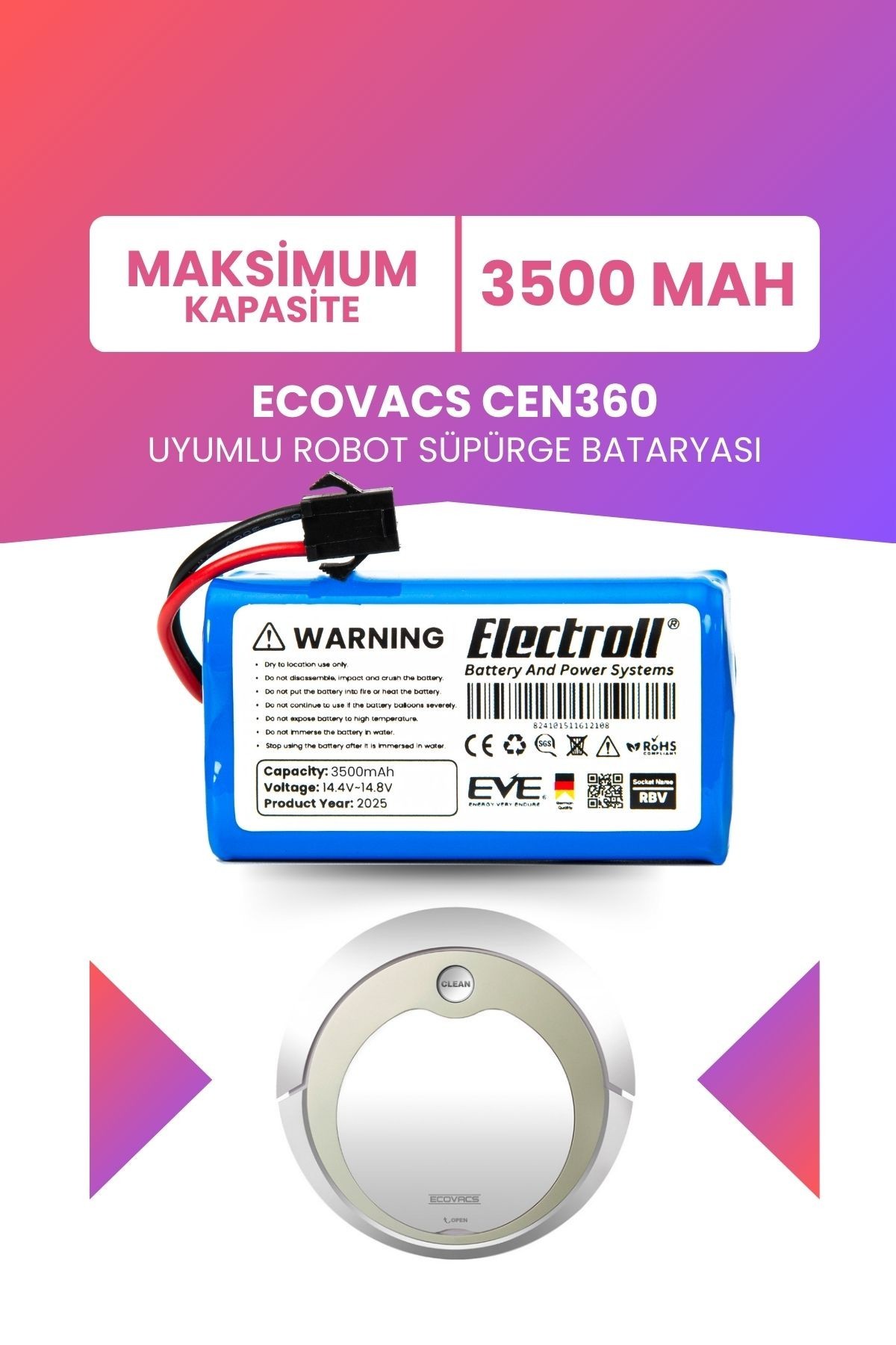 Ecovacs Cen360 Uyumlu Batarya (MAKSİMUM KAPASİTE) 3500mah Pil Akıllı Robot Süpürge Bataryası