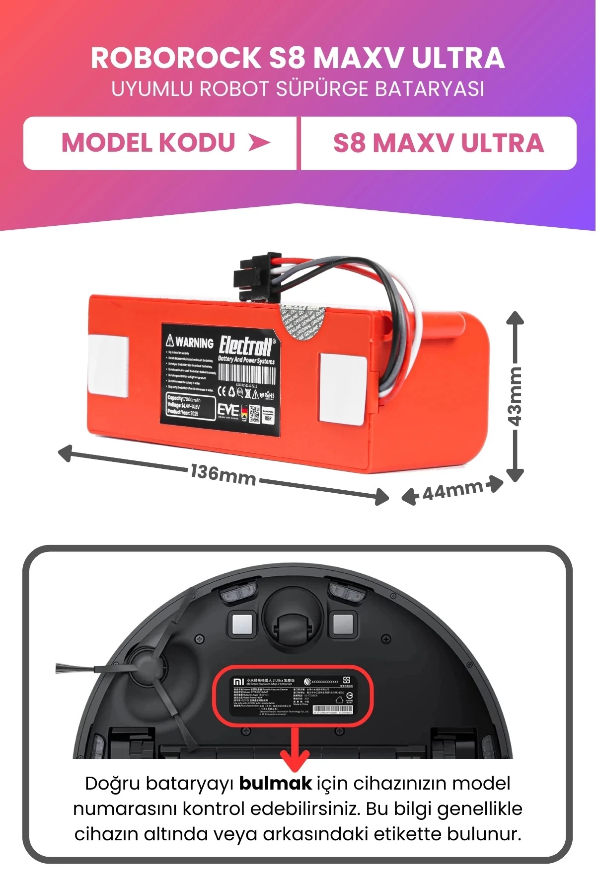 Roborock S8 Maxv Ultra Uyumlu Batarya (MAKSİMUM KAPASİTE) 7000mah Kutulu Robot Süpürge Pil Değişimi