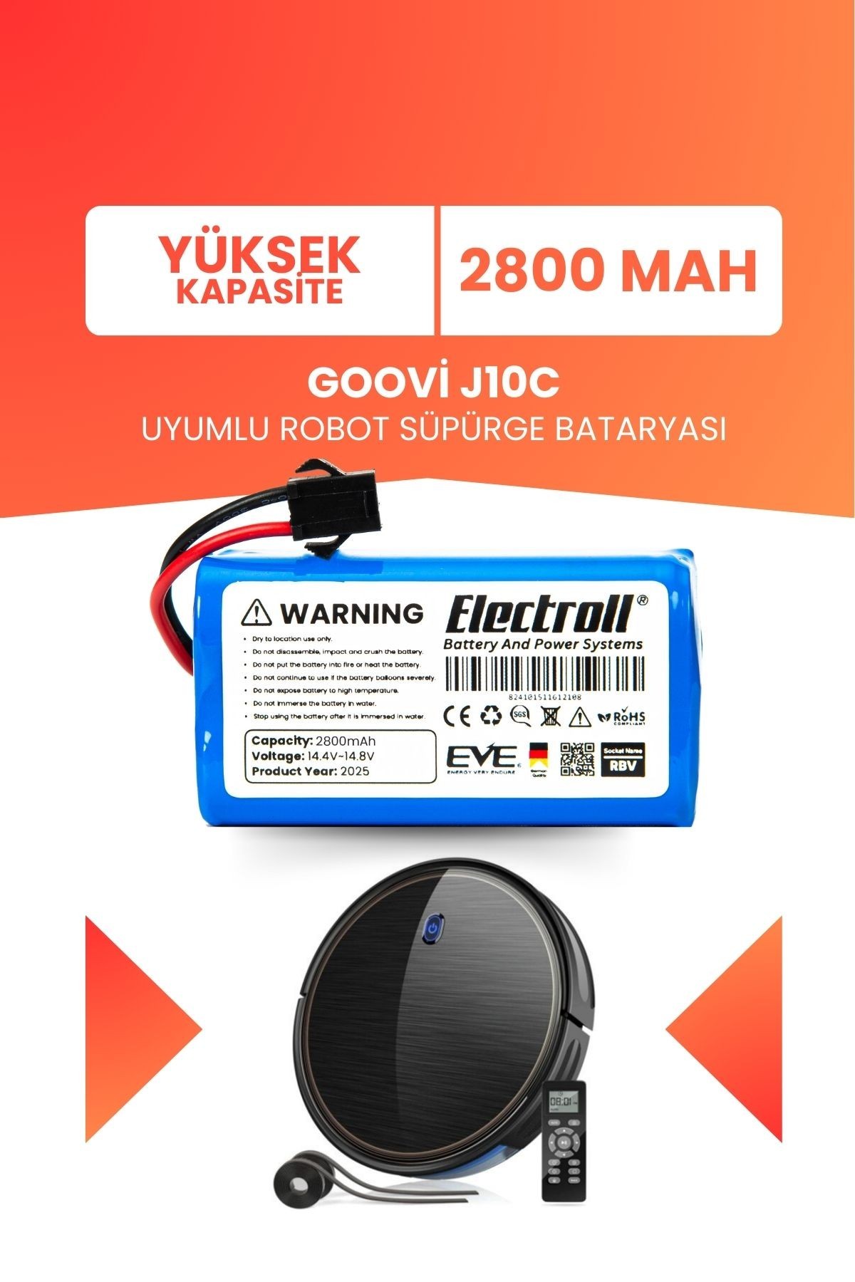 Goovi J10c Uyumlu Batarya (YÜKSEK KAPASİTE) 2800mah Pil Robot Süpürge Bataryası