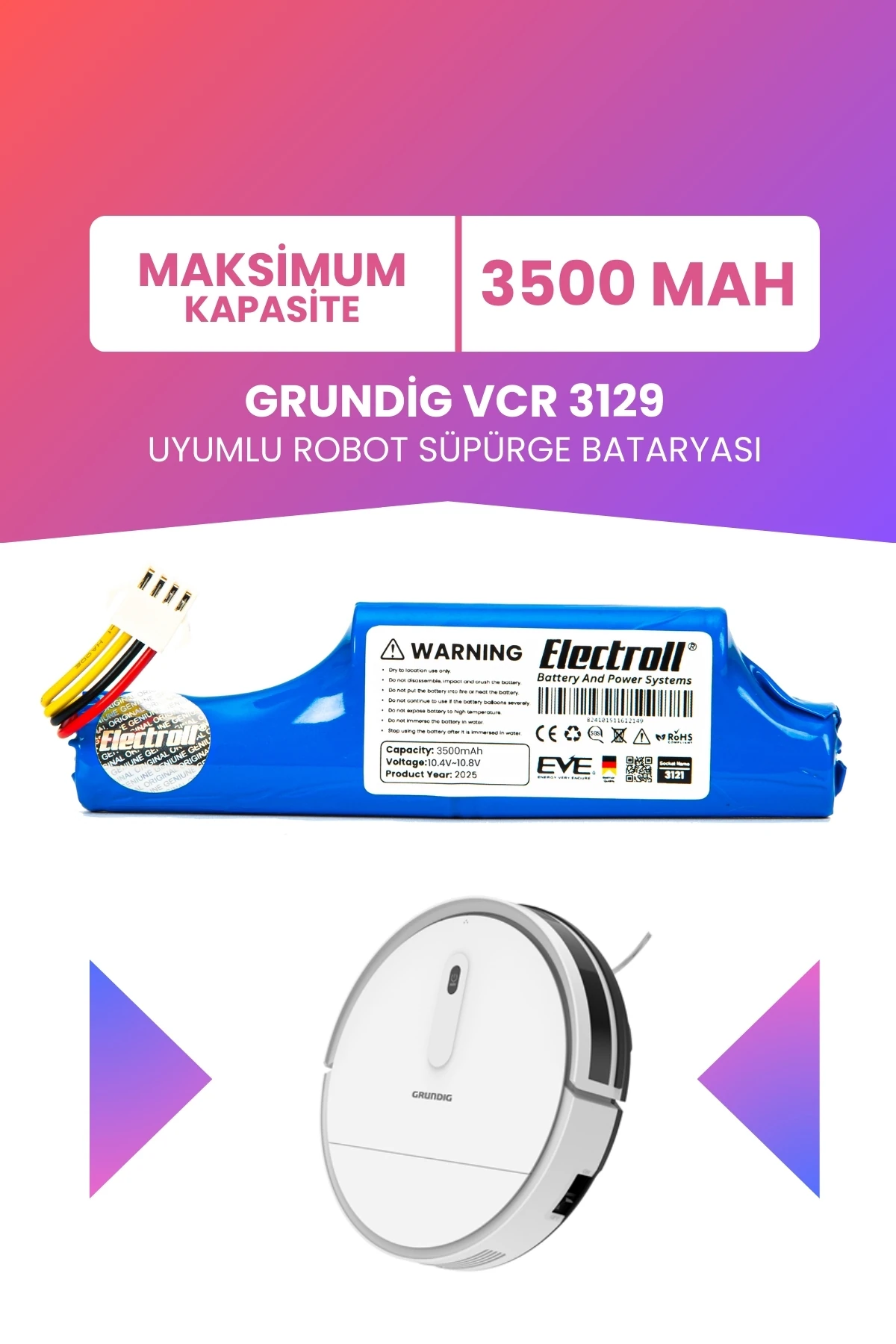 Grundig Vcr 3129 Uyumlu Batarya (MAKSİMUM KAPASİTE) 3500mah Pil Robot Süpürge Bataryası