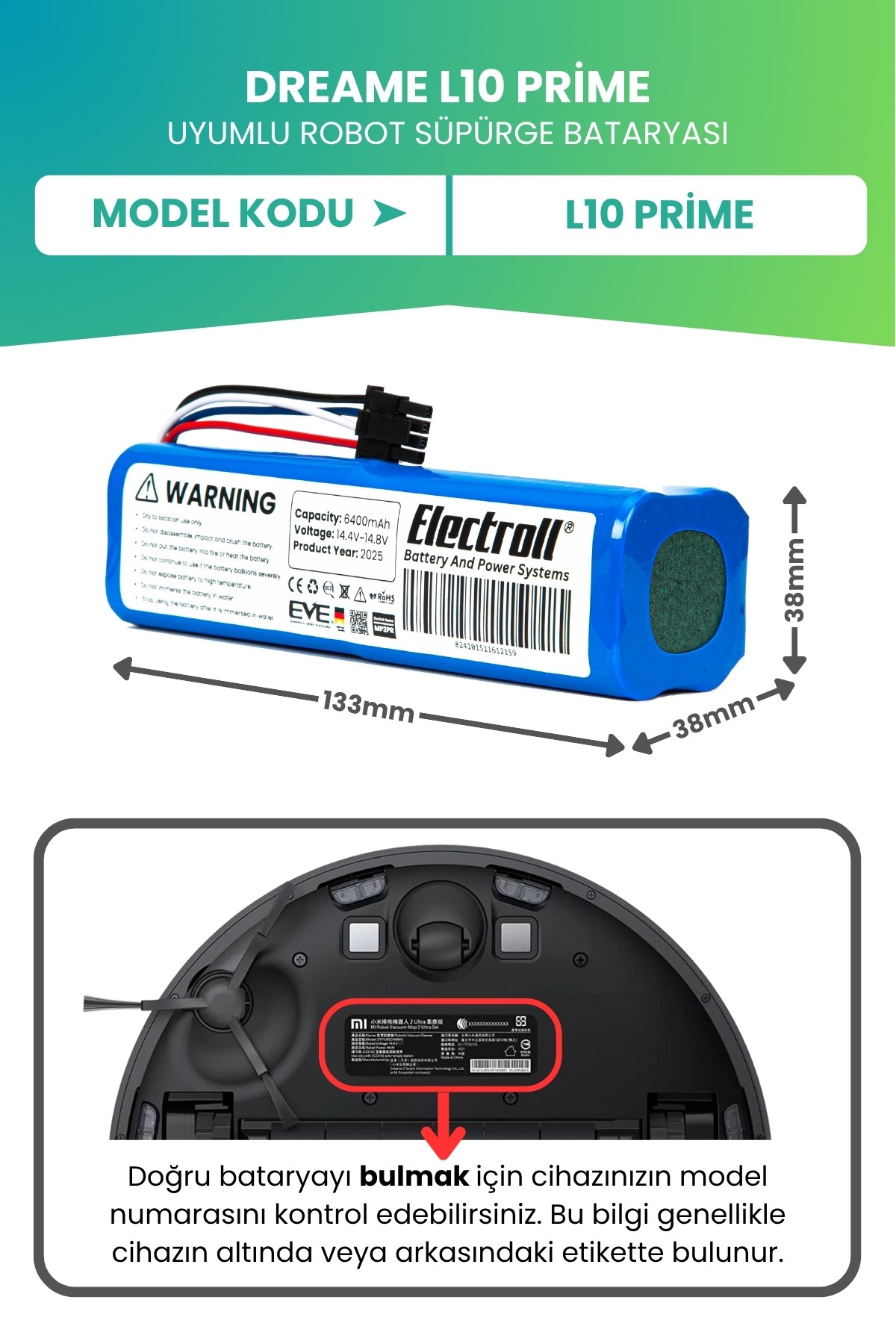 Dreame L10 Prime Uyumlu Batarya (ULTRA YÜKSEK KAPASİTE) 6400mah Robot Süpürge Bataryası