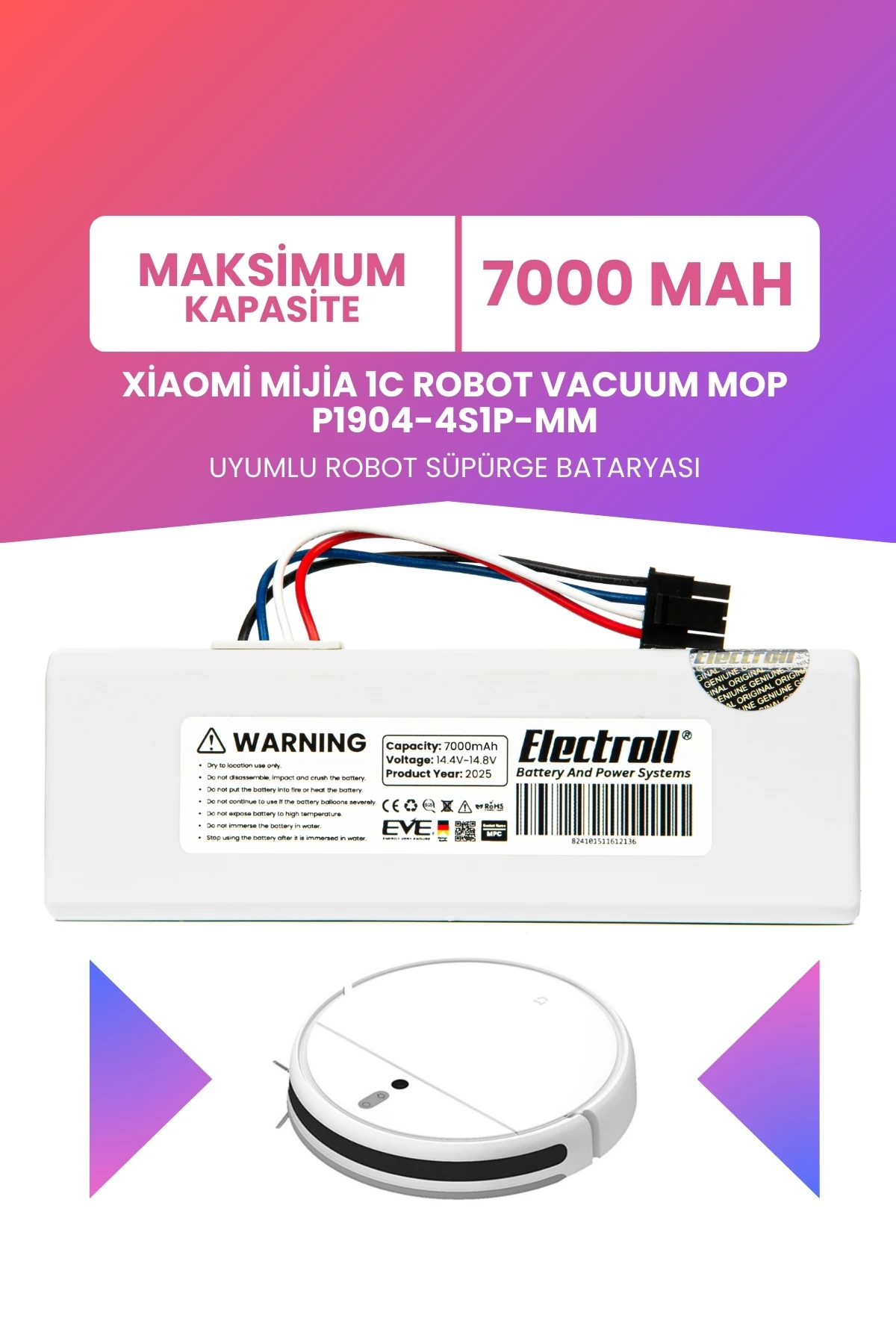 Xiaomi Mijia 1C Robot Vacuum Mop P1904-4S1P-MM Batarya 7000mah Maksimum Kapasite Robot Süpürge Pili