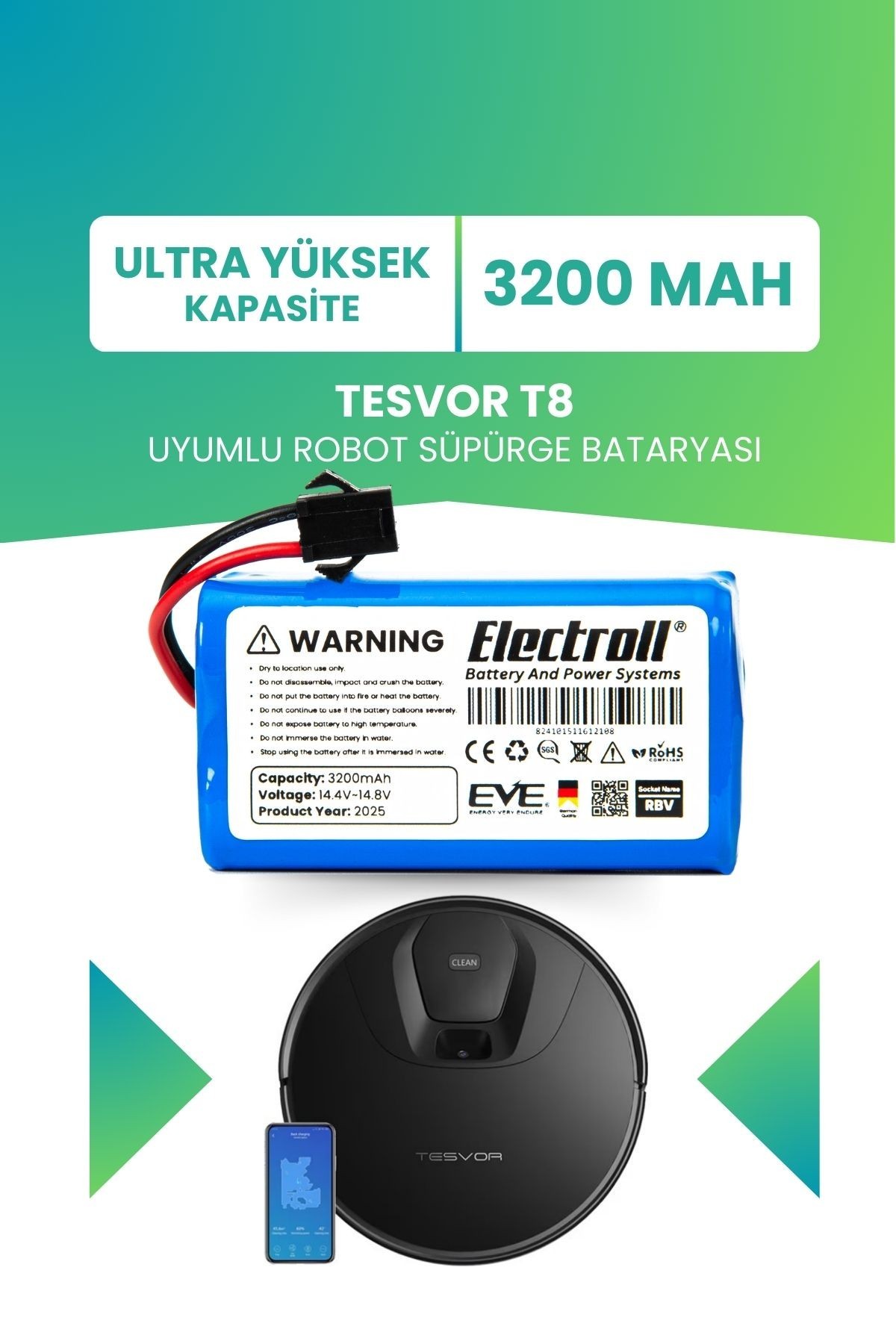 Tesvor T8 Uyumlu Batarya (ULTRA YÜKSEK KAPASİTE) 3200mah Pil Robot Süpürge Bataryası