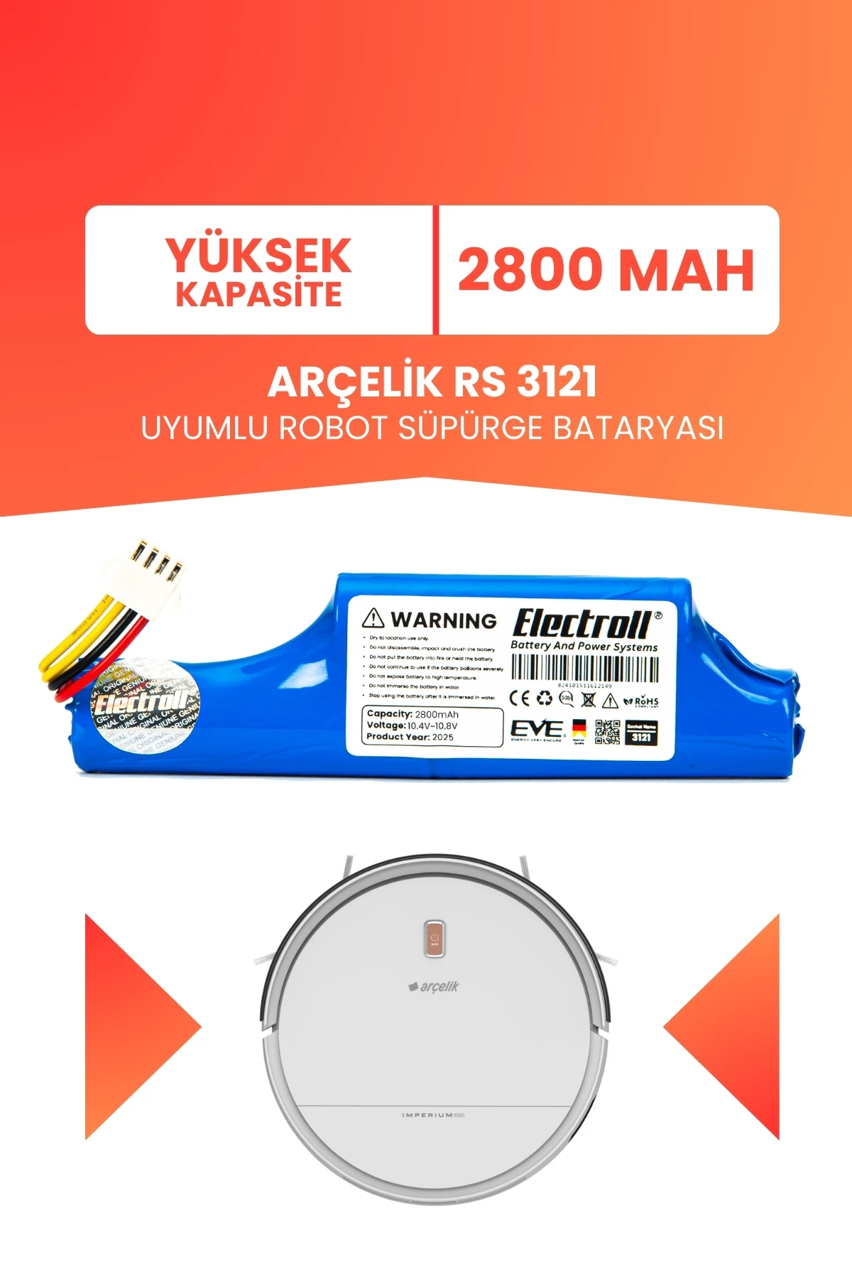 Arçelik Rs 3121 Uyumlu Batarya (YÜKSEK KAPASİTE) 2800mah Pil Robot Süpürge Bataryası 9178024542