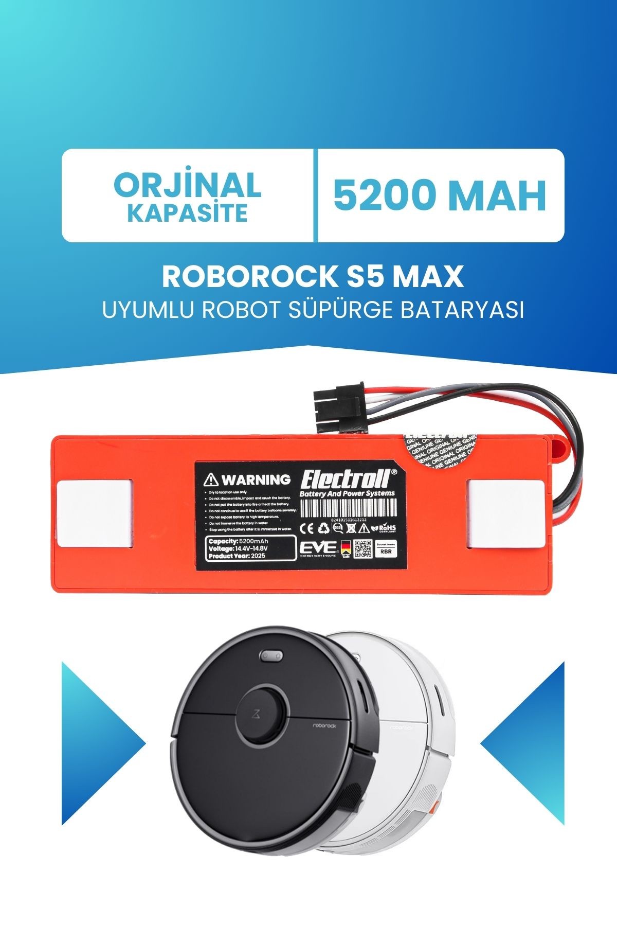 Roborock S5 Max Uyumlu Batarya (ORJİNAL KAPASİTE) 5200mah Kutulu Robot Süpürge Pil Değişimi