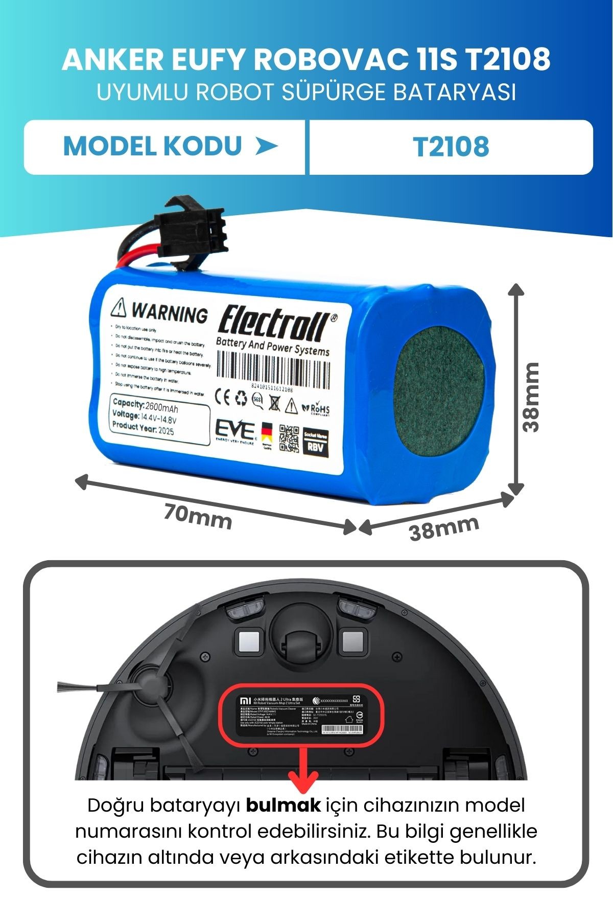 Eufy Robovac 11s T2108 Uyumlu Batarya (ORJİNAL KAPASİTE) 2600mah Pil Robot Süpürge Batarya