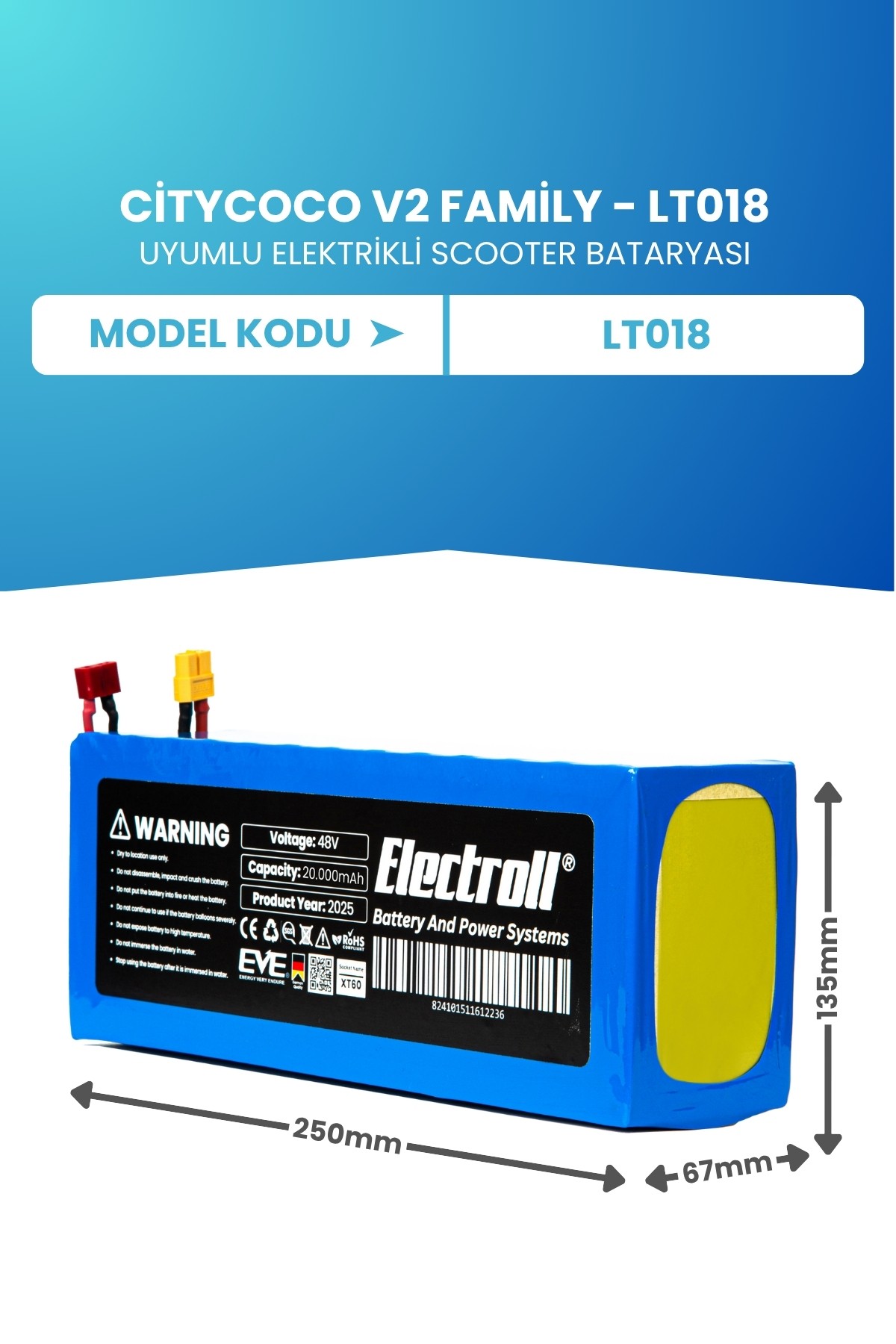 Citycoco V2 Family - LT018 Scooter Batarya (ORJİNAL KAPASİTE) LiFePO4 60V 20AH Elektrikli Scooter Bataryası