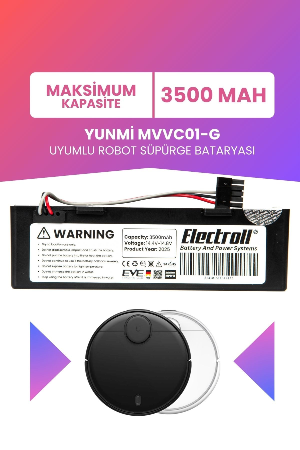 Yunmi Mvvc01-g Uyumlu Batarya (MAKSİMUM KAPASİTE) 3500mah Kutulu Robot Süpürge Bataryası Değişim