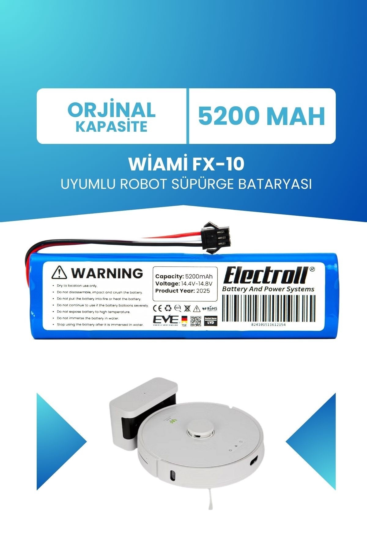 Wiami Fx-10 Uyumlu Batarya (ORJİNAL KAPASİTE) 5200mah Pil Robot Süpürge Bataryası Değişimi
