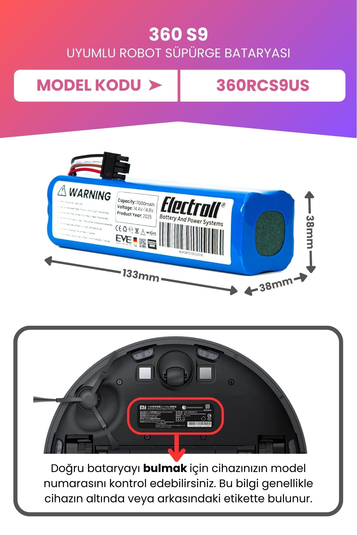 360 S9 Uyumlu Batarya (MAKSİMUM KAPASİTE) 7000mah Pil Robot Süpürge Bataryası Değişimi 360rcs9us
