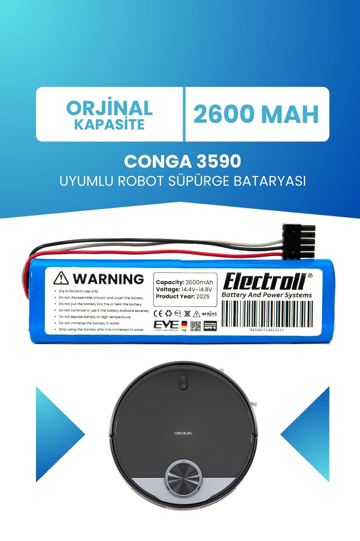 Conga 3590 Uyumlu Batarya (ORJİNAL KAPASİTE) 2600mah Pil Akıllı Robot Süpürge Bataryası Değişimi