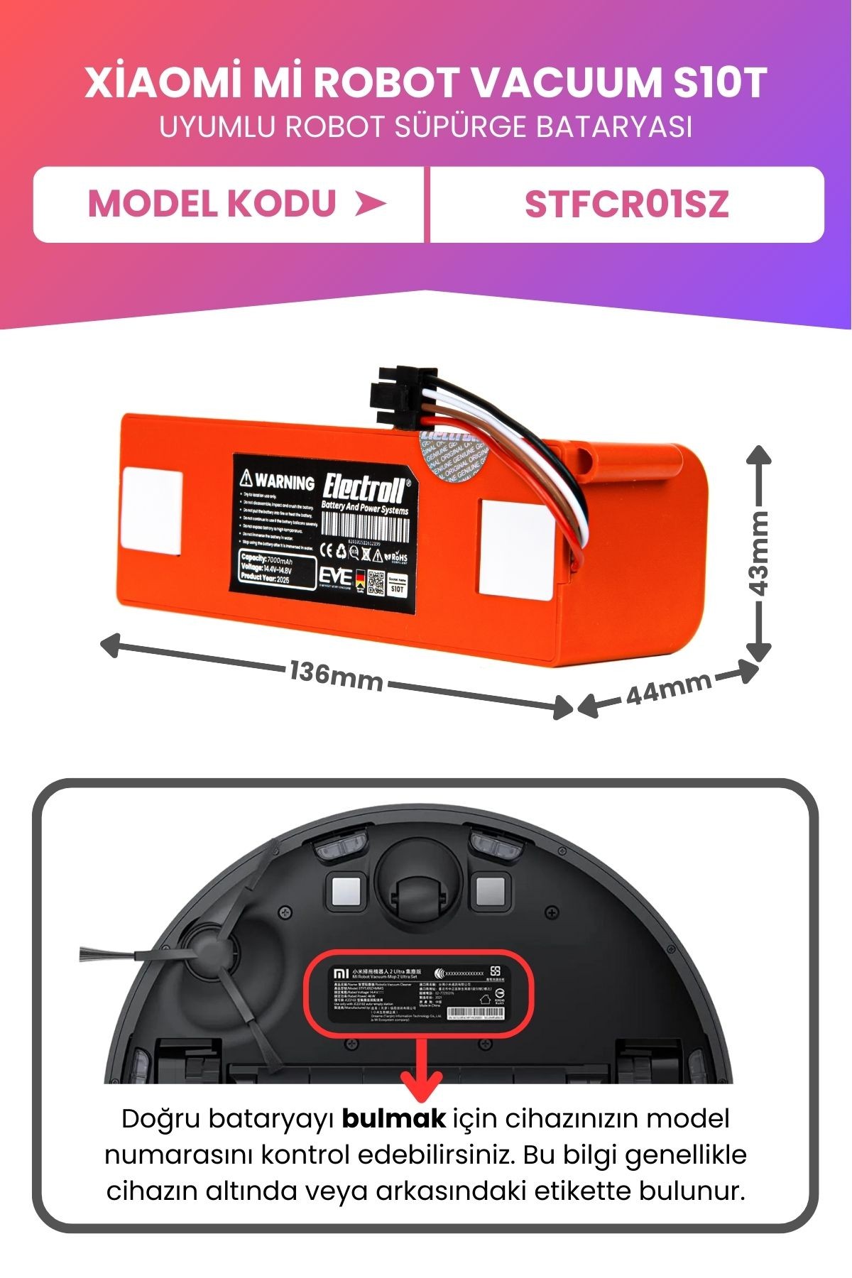 Xiaomi Mi Robot Vacuum S10t Batarya (MAKSİMUM KAPASİTE) 7000mah Robot Süpürge Pil Stfcr01sz