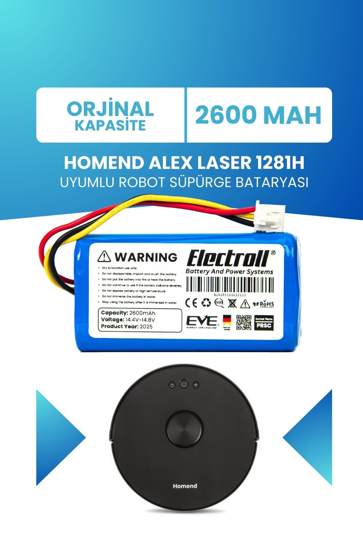 Homend Alex Laser 1281h Uyumlu Batarya (ORJİNAL KAPASİTE) 2600mah Pil Robot Süpürge Bataryası