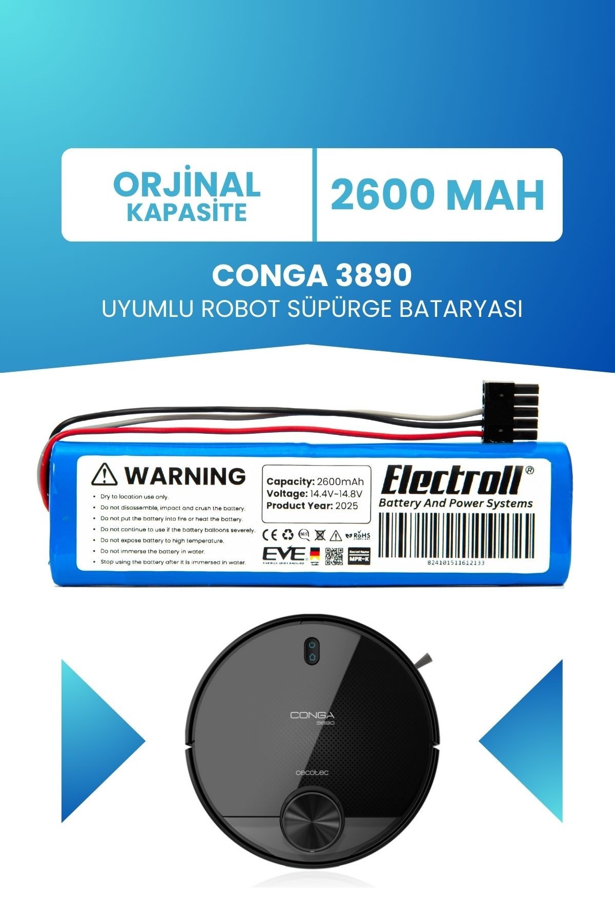 Conga 3890 Uyumlu Batarya (ORJİNAL KAPASİTE) 2600mah Pil Akıllı Robot Süpürge Bataryası Değişimi