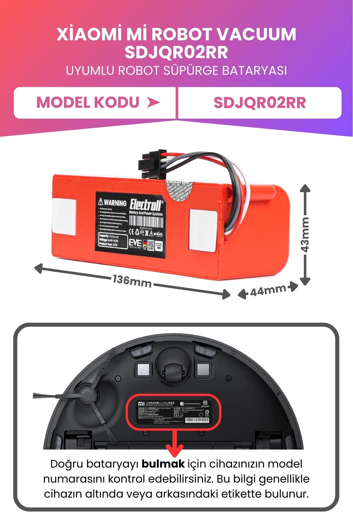 Xiaomi Mi Robot Vacuum Sdjqr02rr Uyumlu Batarya (MAKSİMUM KAPASİTE) 7000mah Kutulu Robot Süpürge Pil