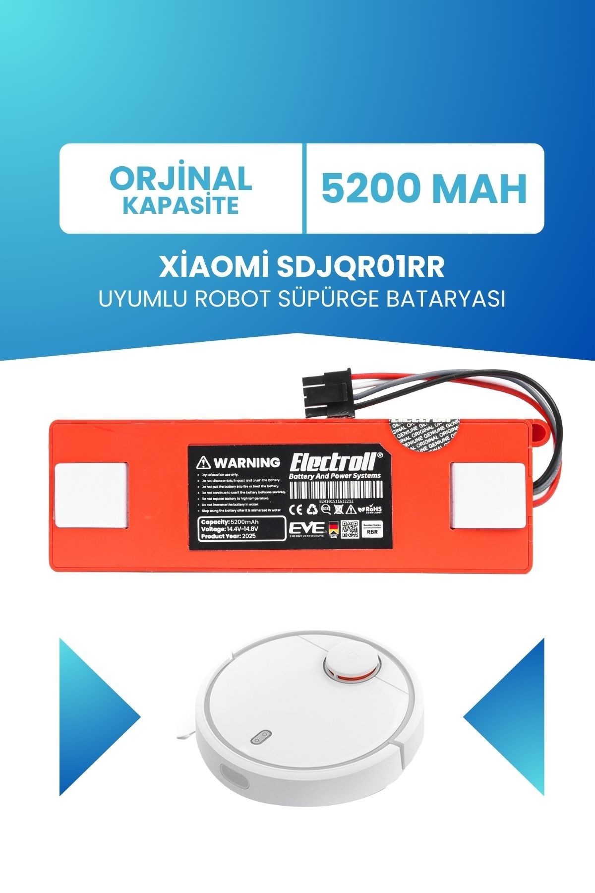 Xiaomi Sdjqr01rr Uyumlu Batarya (ORJİNAL KAPASİTE) 5200mah Kutulu Robot Süpürge Bataryası Değişimi