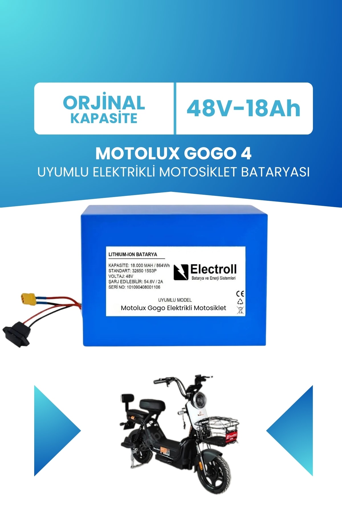 Motolux Gogo 4 Batarya 48v 18 Ah Lifepo4 (ELEKTRİKLİ MOTORSİKLET İÇİN)