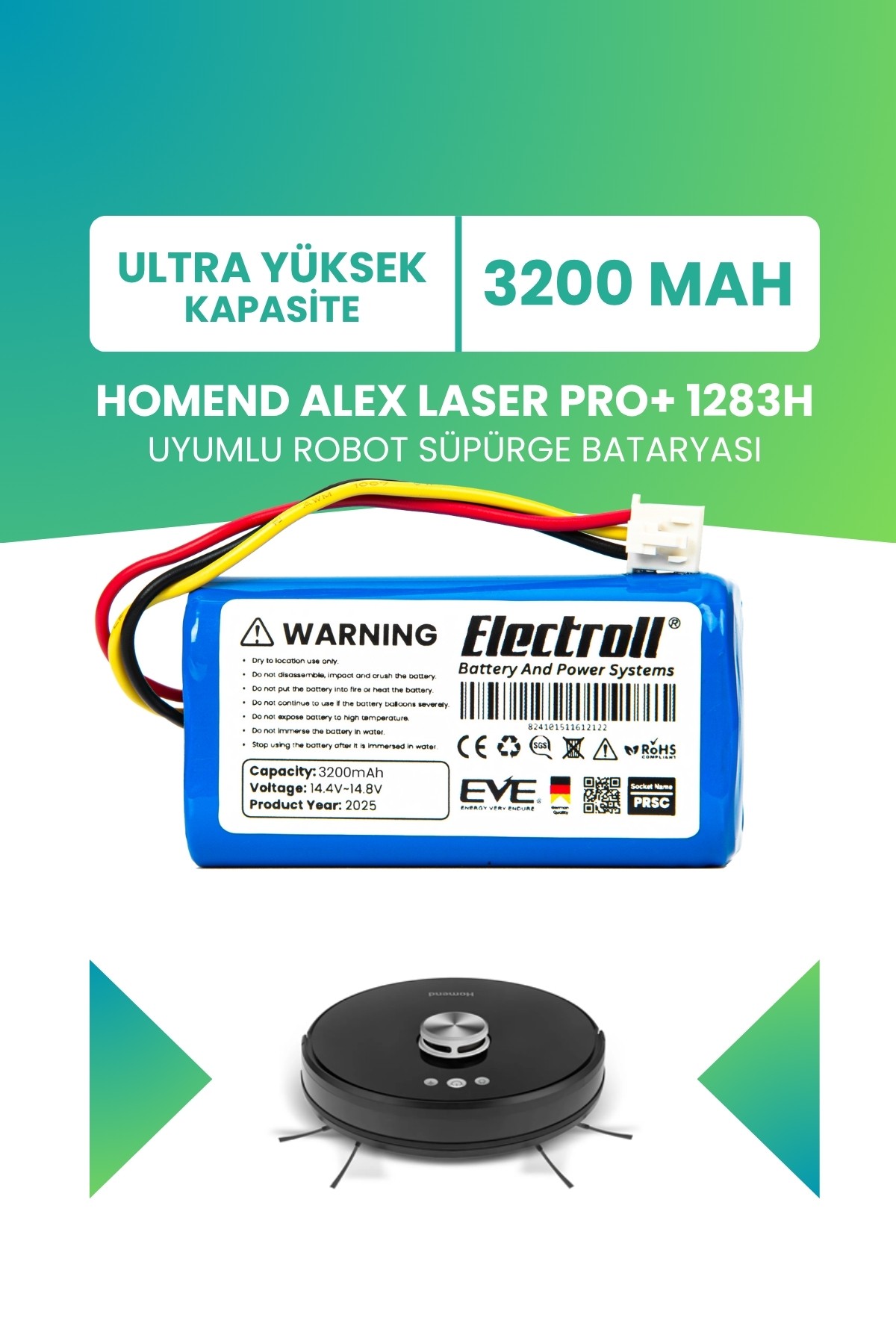 Homend Alex Laser Pro+ 1283H Uyumlu Batarya (ULTRA YÜKSEK KAPASİTE) 3200mah Robot Süpürge Bataryası
