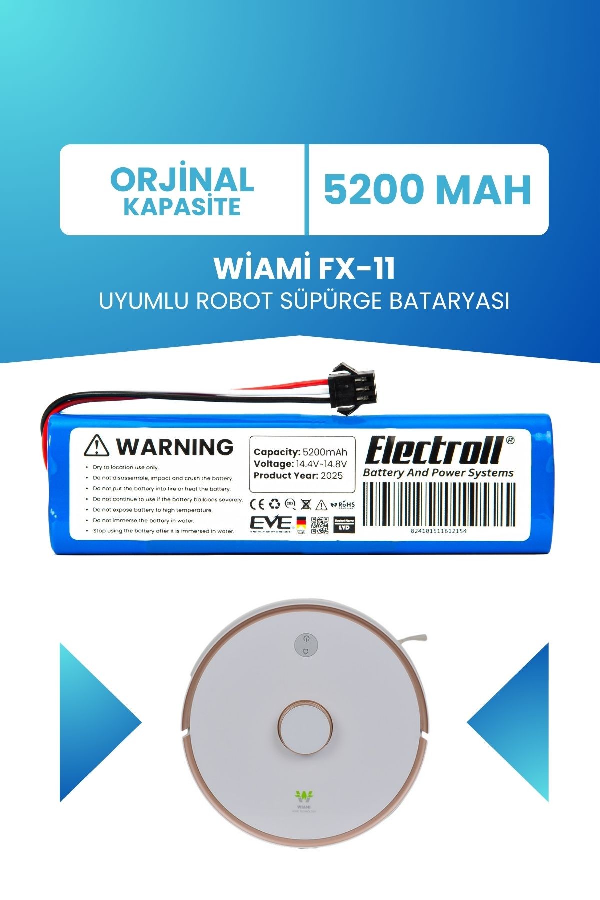 Wiami Fx-11 Uyumlu Batarya (ORJİNAL KAPASİTE) 5200mah Pil Robot Süpürge Bataryası Değişimi