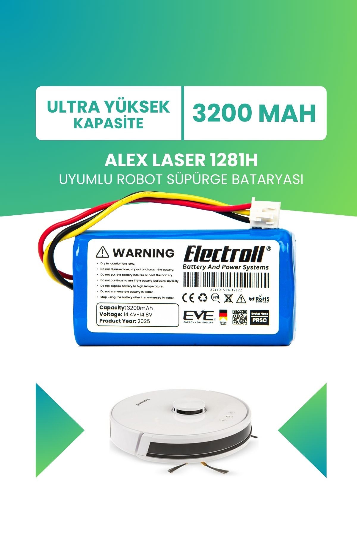 Alex Laser 1281h Uyumlu Batarya (ULTRA YÜKSEK KAPASİTE) 3200mah Pil Robot Süpürge Bataryası Değişimi