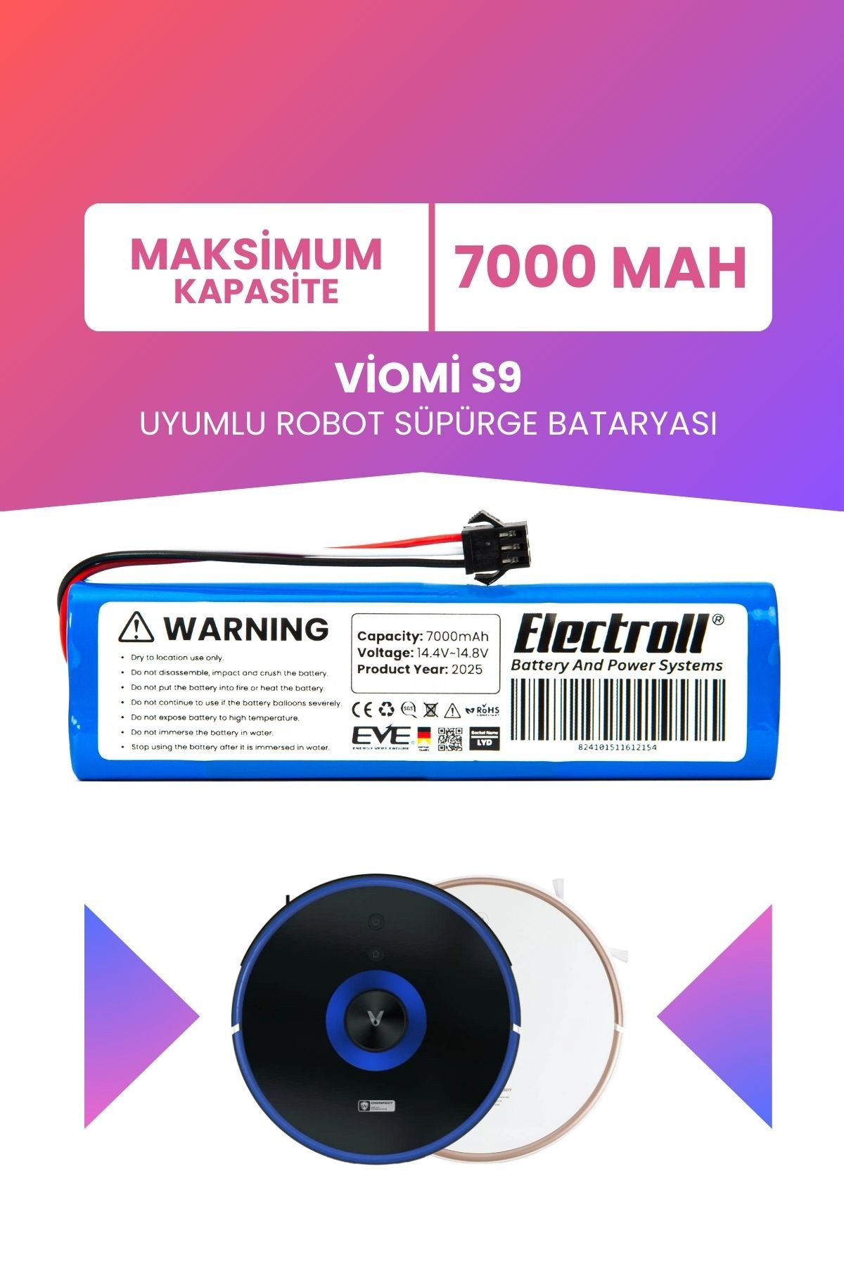 Viomi S9 Uyumlu Batarya (MAKSİMUM KAPASİTE) 7000mah Pil Robot Süpürge Bataryası Değişimi